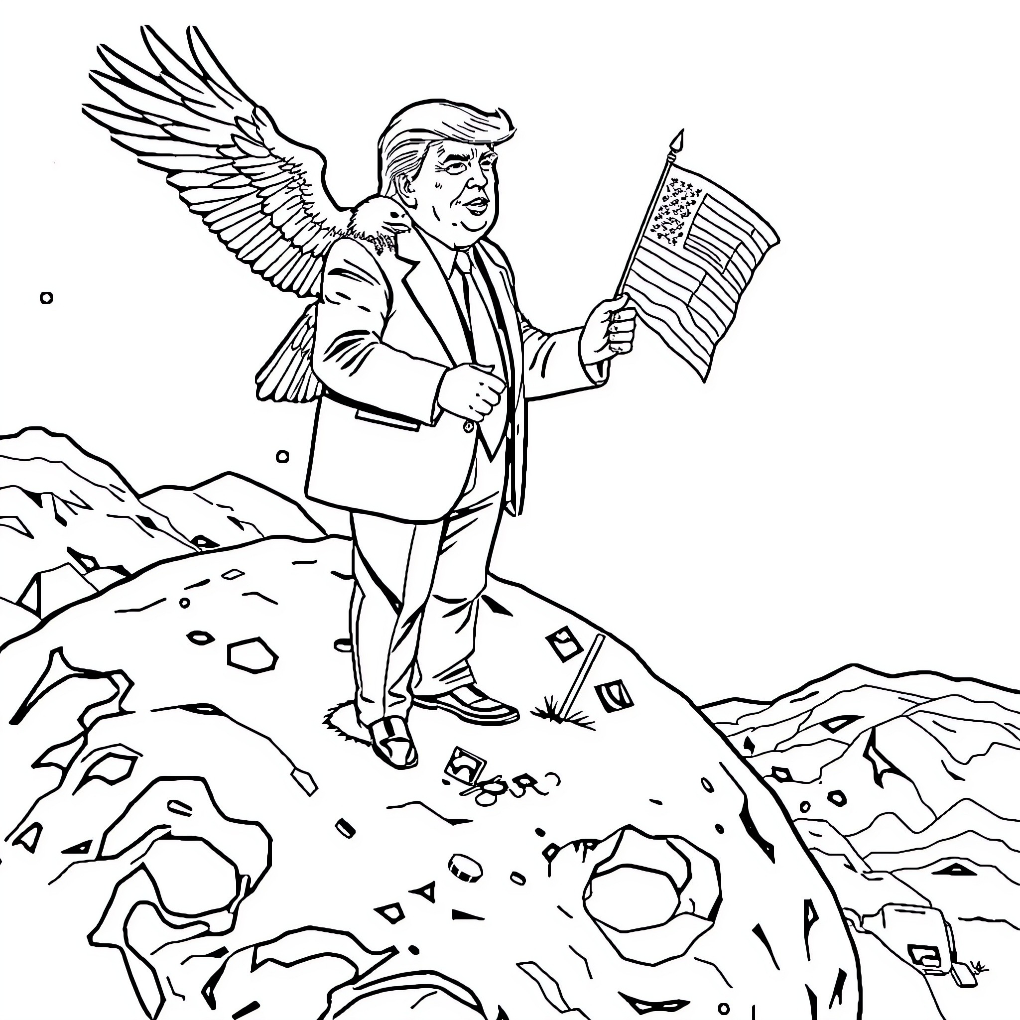Donald Trump as an angel holding American flag Coloring Page (free black-and-white line drawing printable PDF for all, from beginners to advanced learners, including children, teens, adults, and seniors)