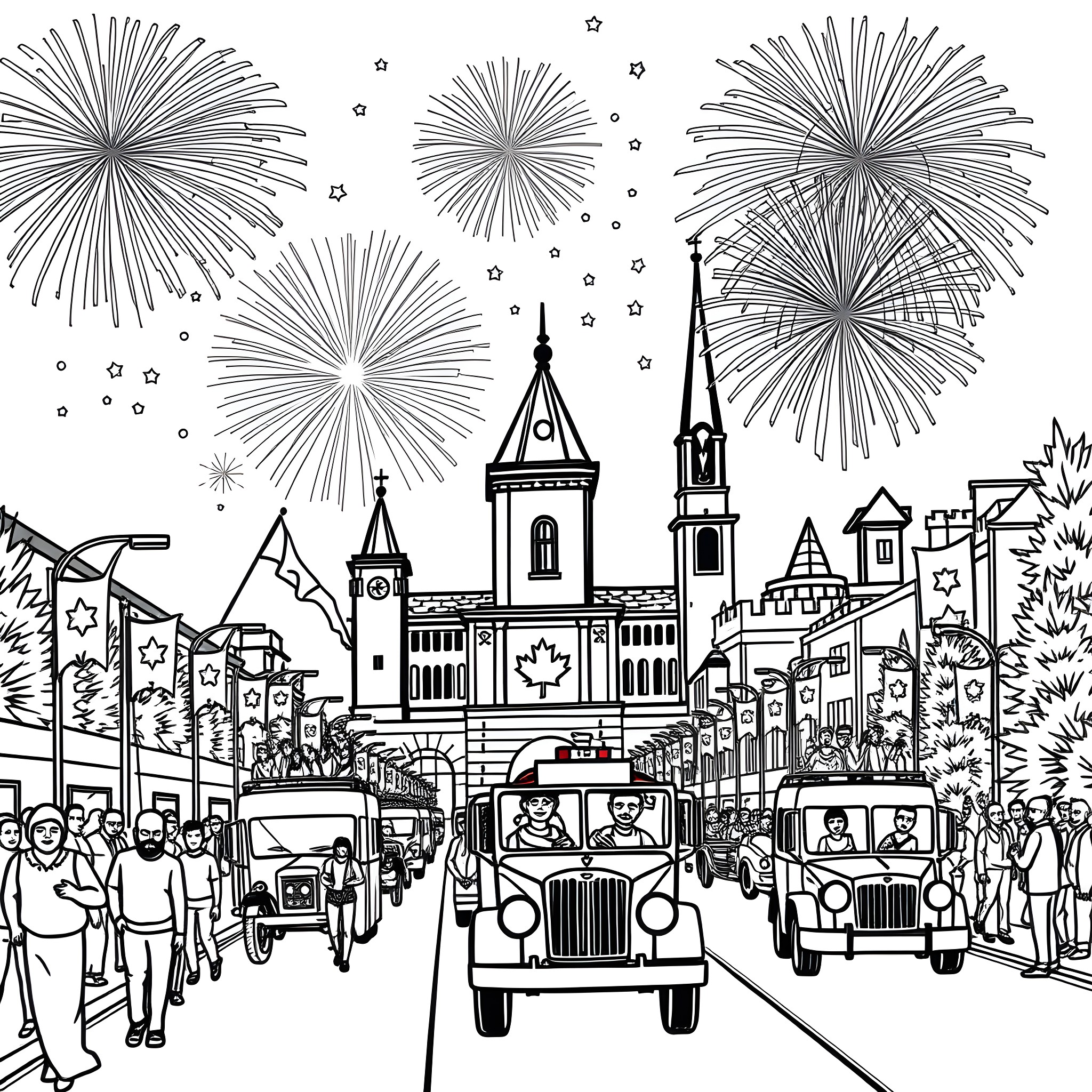 Canada celebrating with fireworks and city parade Coloring Page (free black-and-white line drawing printable PDF for all, from beginners to advanced learners, including children, teens, adults, and seniors)