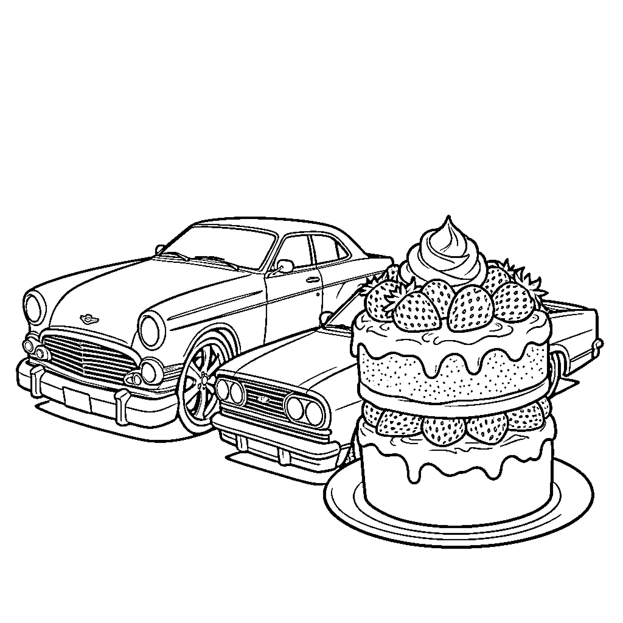 Strawberry Shortcake and Classic Cars Coloring Page (free black-and-white line drawing printable PDF for all, from beginners to advanced learners, including children, teens, adults, and seniors)