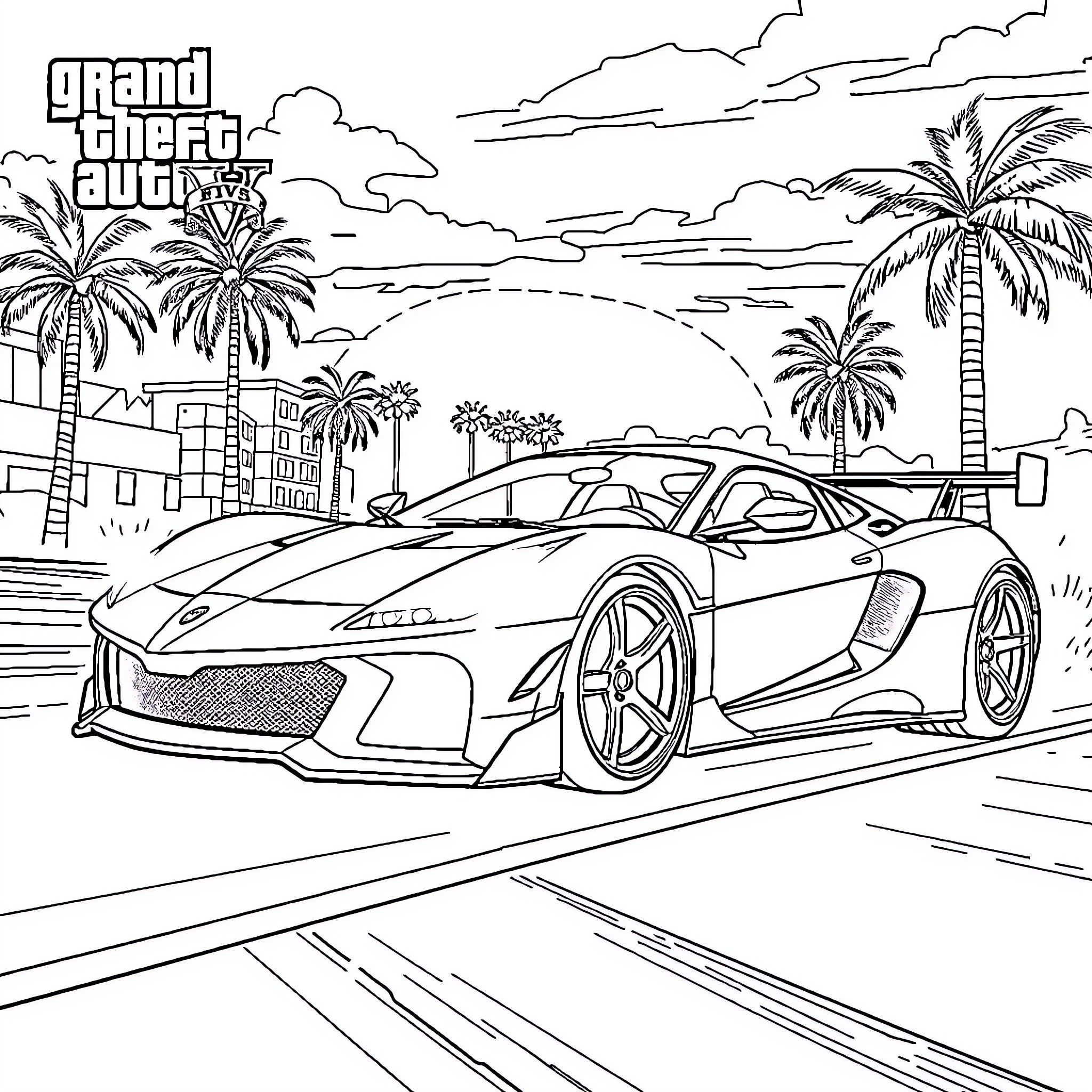 Sports Car Speeding on Coastal Road with Palm Trees Coloring Page (free black-and-white line drawing printable PDF for all, from beginners to advanced learners, including children, teens, adults, and seniors)