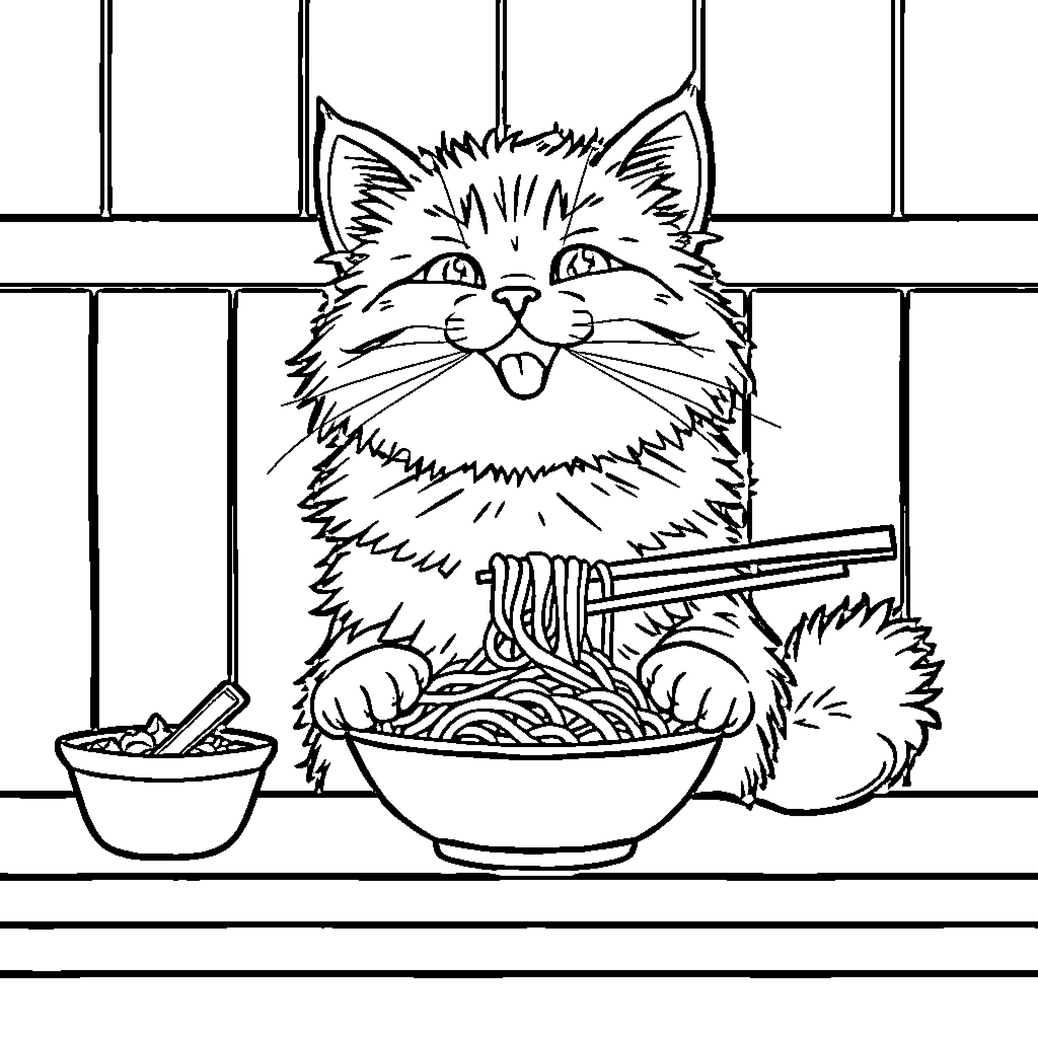 Cat enjoying a delicious meal Coloring Page (free black-and-white line drawing printable PDF for all, from beginners to advanced learners, including children, teens, adults, and seniors)