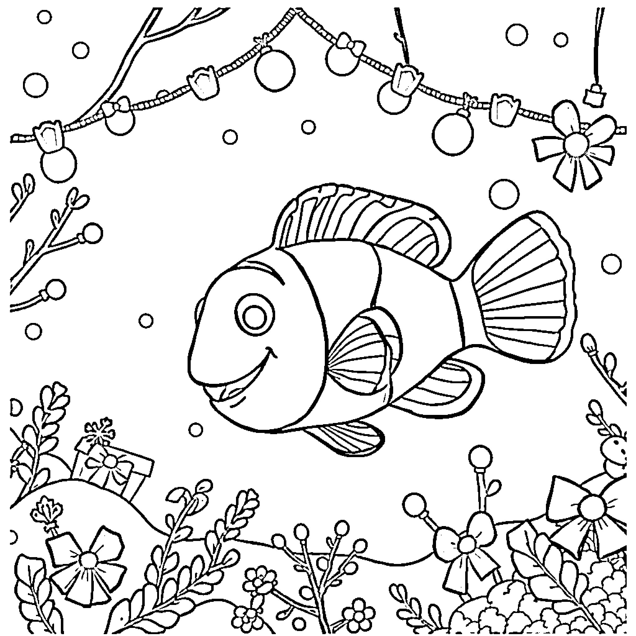 Nemo swimming among sea plants and decorations Coloring Page (free black-and-white line drawing printable PDF for all, from beginners to advanced learners, including children, teens, adults, and seniors)