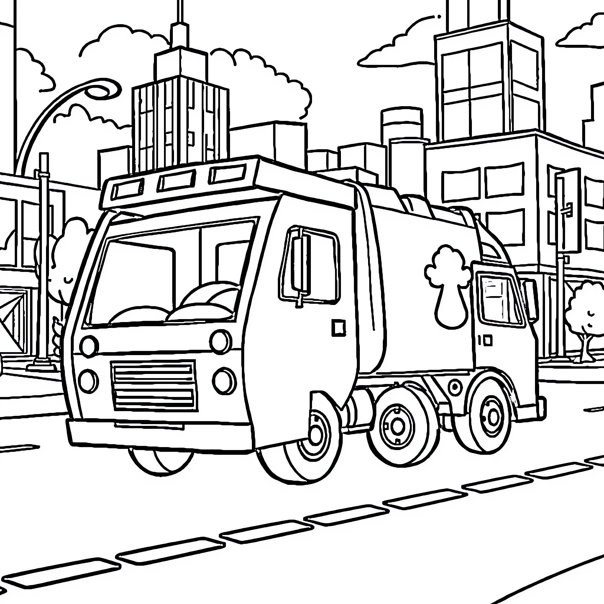 Trash Truck in the City Streets Coloring Page (free black-and-white line drawing printable PDF for all, from beginners to advanced learners, including children, teens, adults, and seniors)