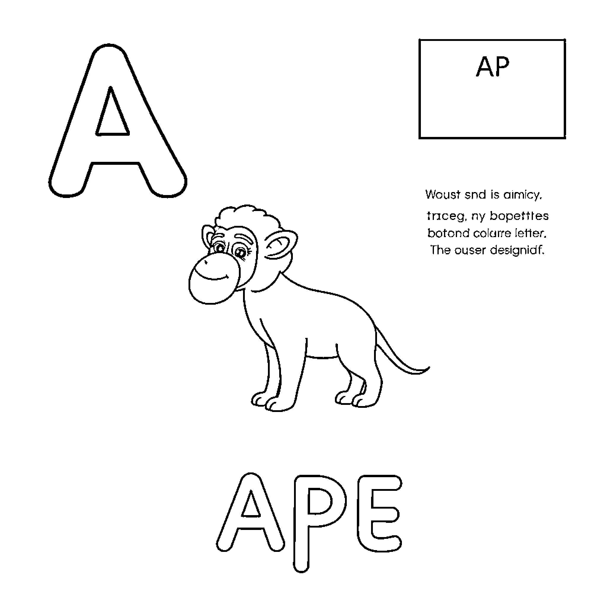 Animal drawing of a monkey and letters Coloring Page (free black-and-white line drawing printable PDF for all, from beginners to advanced learners, including children, teens, adults, and seniors)