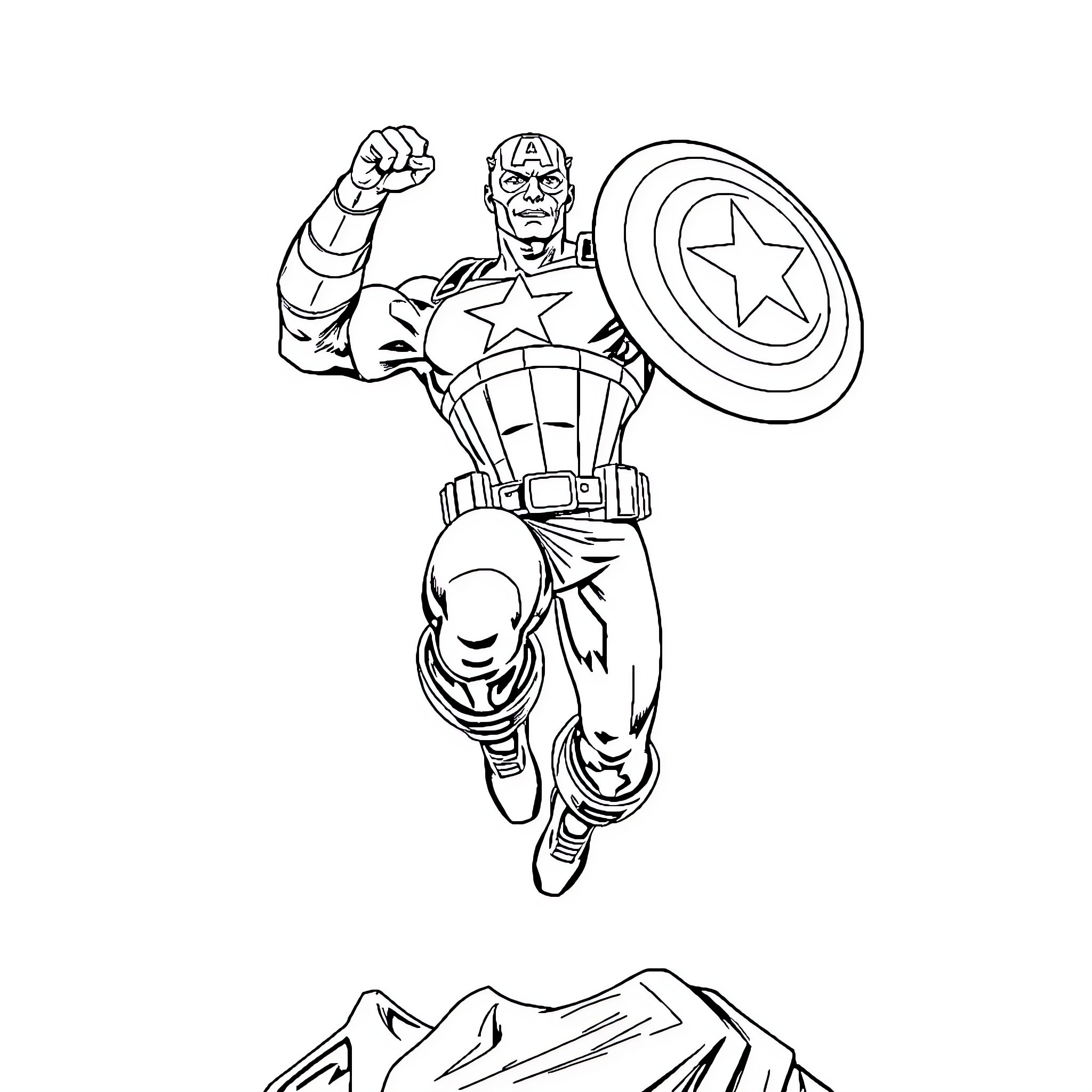 Captain America Heroically Defending with Shield and Fist Coloring Page (free black-and-white line drawing printable PDF for all, from beginners to advanced learners, including children, teens, adults, and seniors)