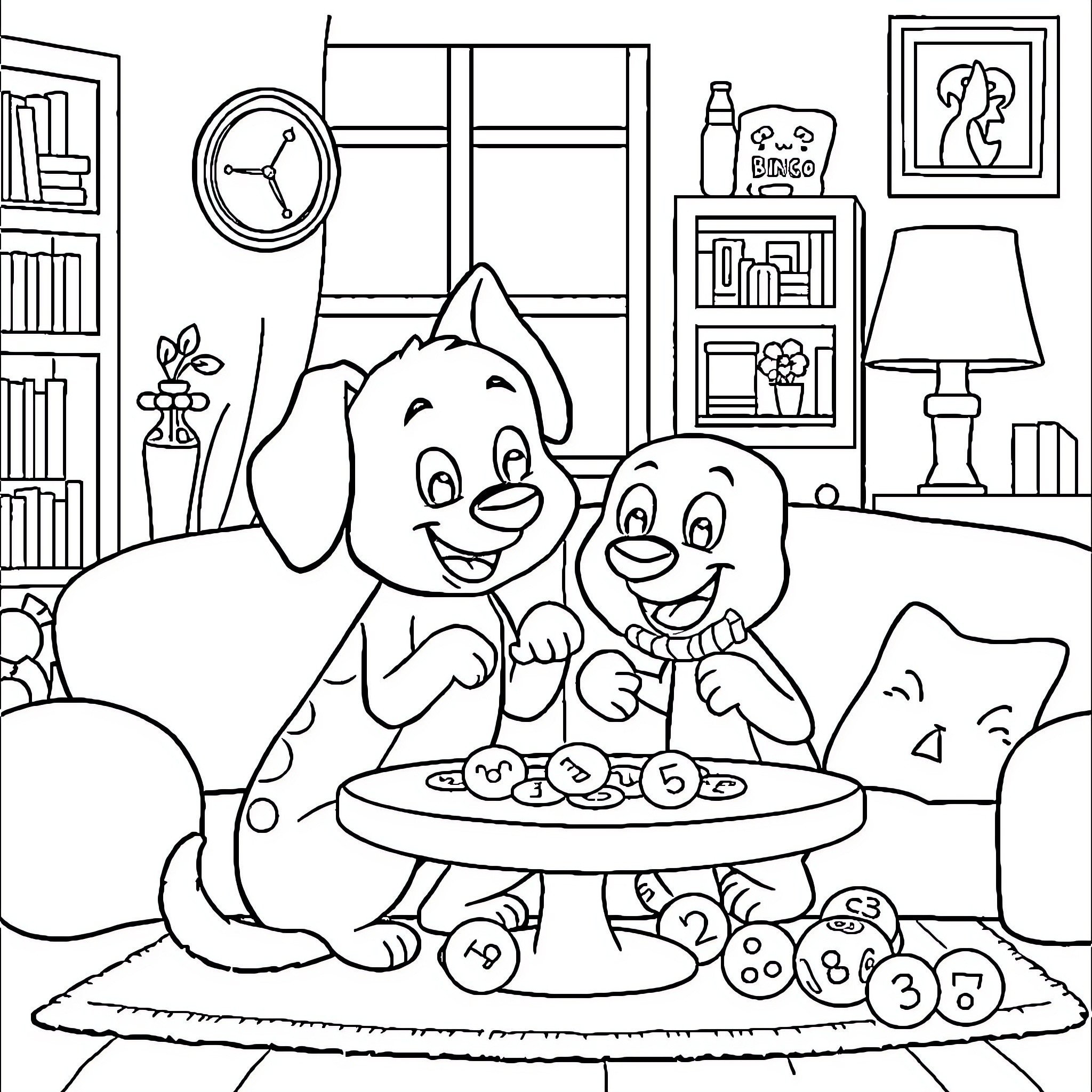 Bluey and friends enjoying snacks on the couch Coloring Page (free black-and-white line drawing printable PDF for all, from beginners to advanced learners, including children, teens, adults, and seniors)