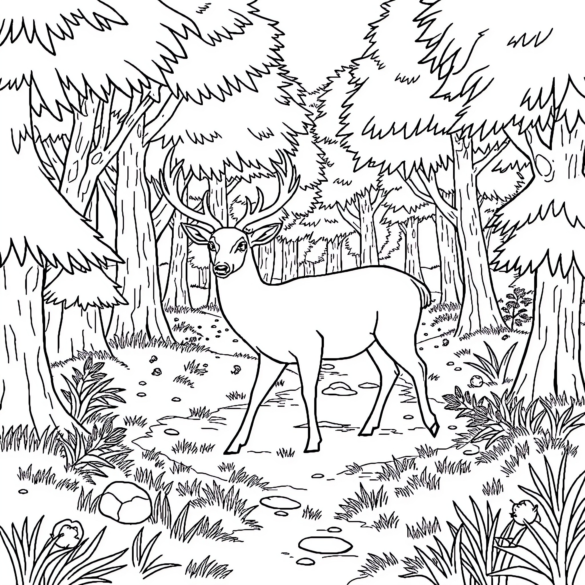 Dear deer in the tranquil forest Coloring Page (free black-and-white line drawing printable PDF for all, from beginners to advanced learners, including children, teens, adults, and seniors)