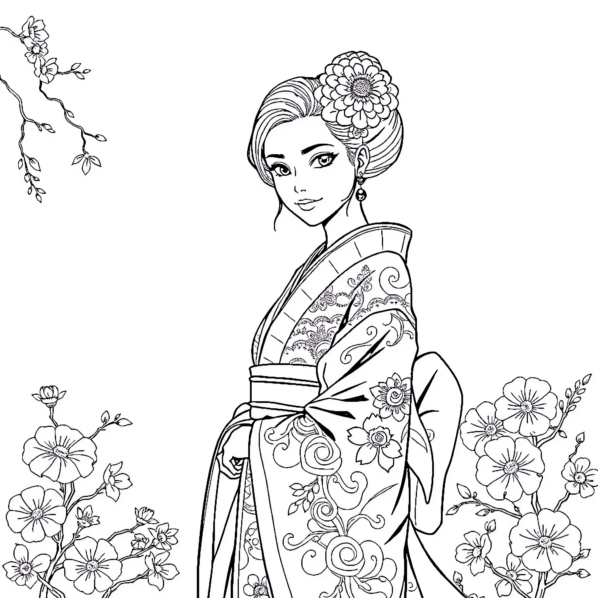 Japanese Woman in Floral Kimono with Elaborate Hairstyle Coloring Page (free black-and-white line drawing printable PDF for all, from beginners to advanced learners, including children, teens, adults, and seniors)