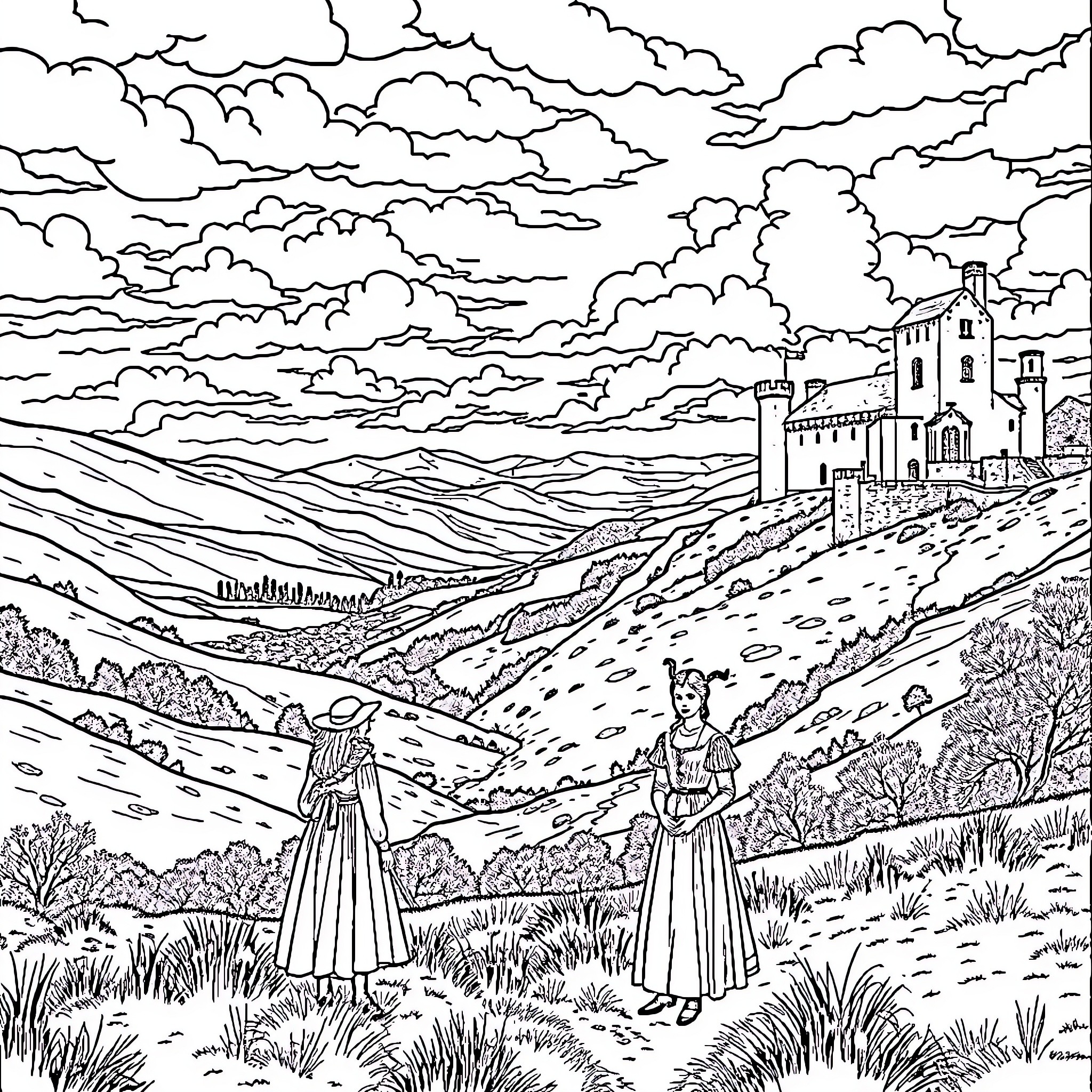 Outlander figures in a scenic countryside landscape Coloring Page (free black-and-white line drawing printable PDF for all, from beginners to advanced learners, including children, teens, adults, and seniors)
