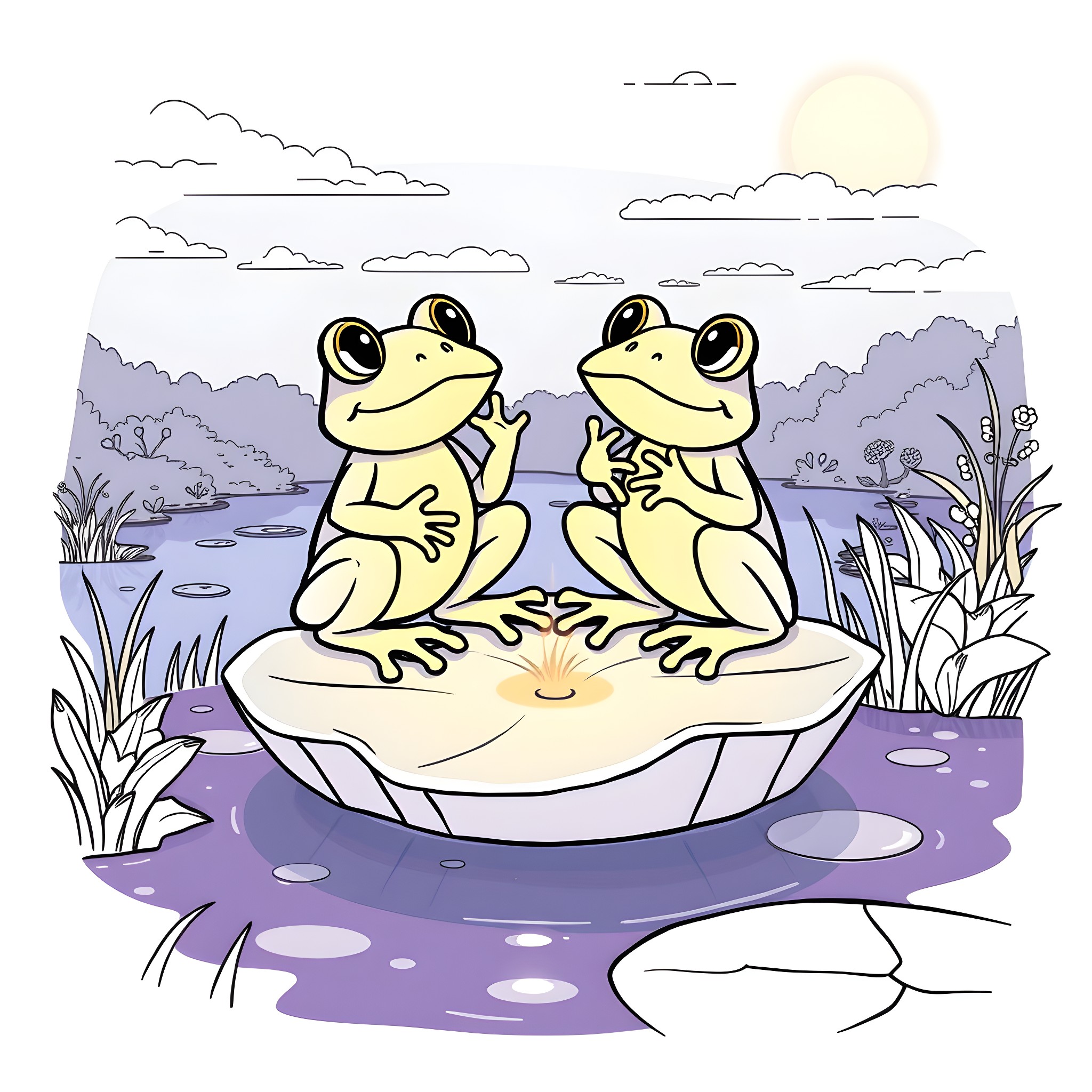 Frog duo relaxing on a lily pad Coloring Page (free black-and-white line drawing printable PDF for all, from beginners to advanced learners, including children, teens, adults, and seniors)