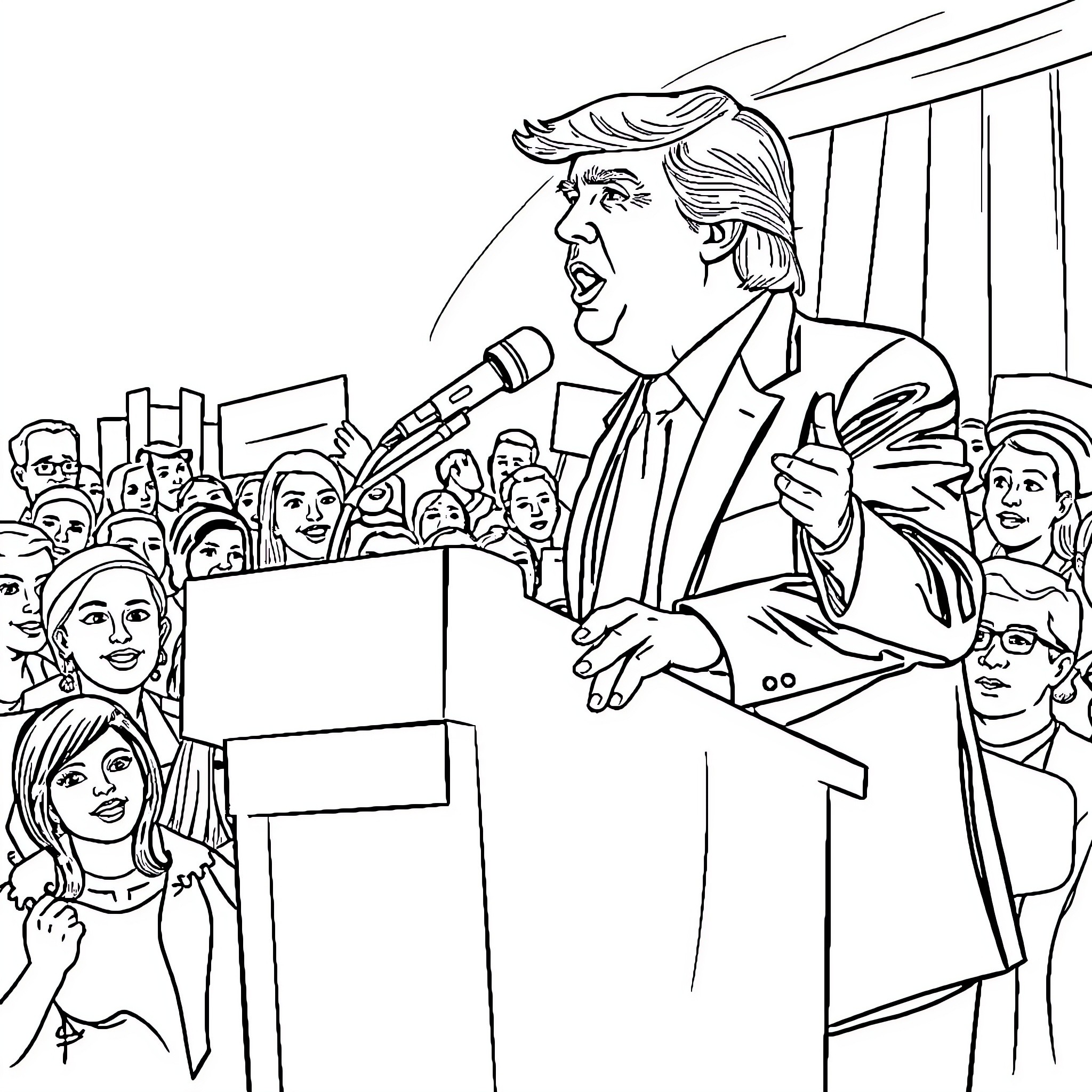 Donald Trump Addressing Crowd at Political Event Coloring Page (free black-and-white line drawing printable PDF for all, from beginners to advanced learners, including children, teens, adults, and seniors)