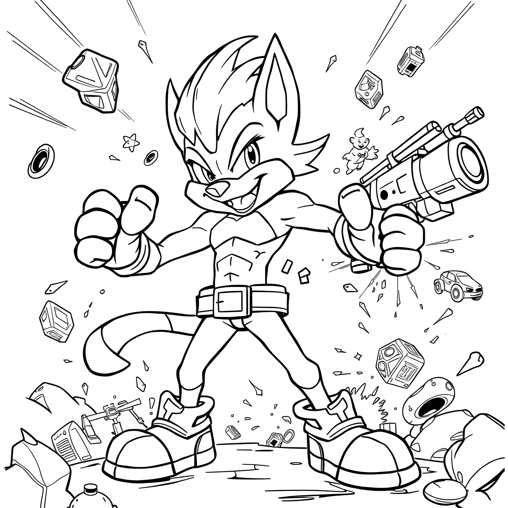 Finx the Heroic Warrior in Action Coloring Page (free black-and-white line drawing printable PDF for all, from beginners to advanced learners, including children, teens, adults, and seniors)