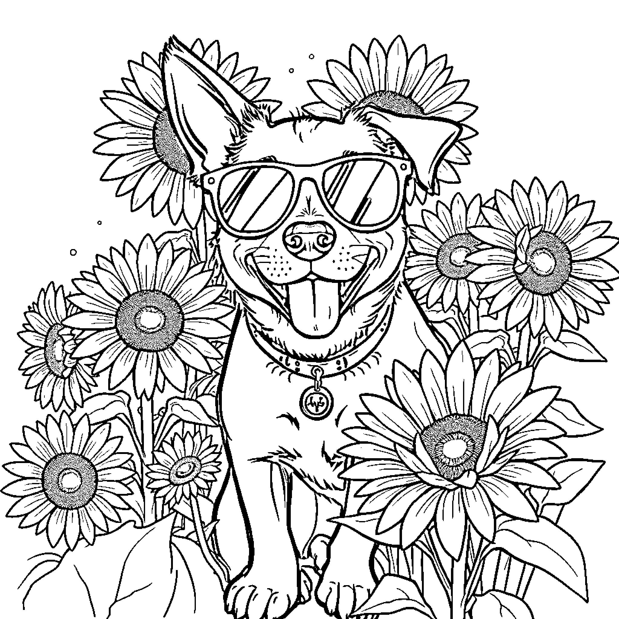 Dog wearing sunglasses playing in sunflowers Coloring Page (free black-and-white line drawing printable PDF for all, from beginners to advanced learners, including children, teens, adults, and seniors)