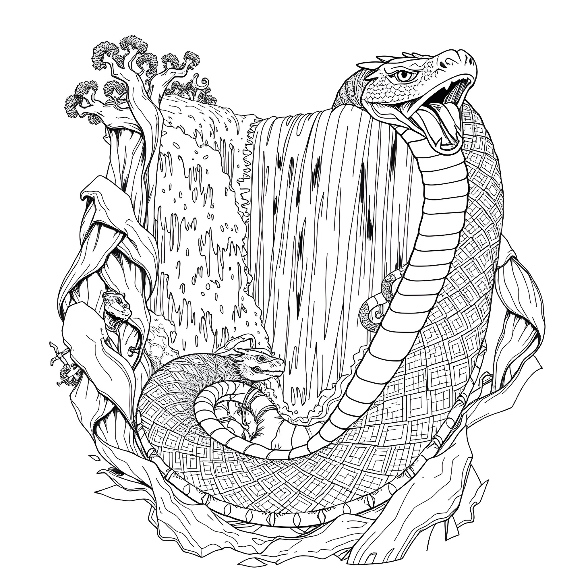 Uktena coiled in a mythical waterfall landscape Coloring Page (free black-and-white line drawing printable PDF for all, from beginners to advanced learners, including children, teens, adults, and seniors)