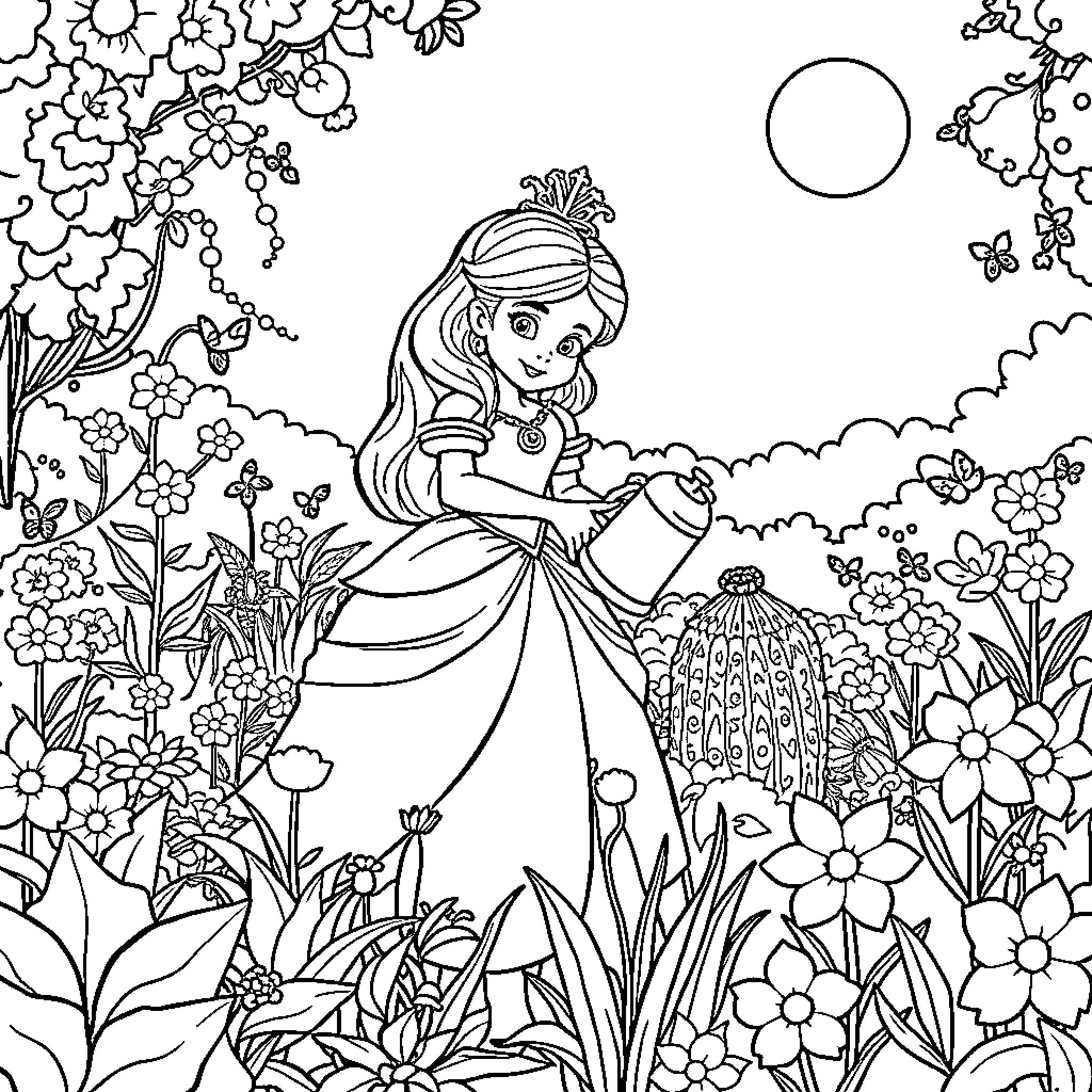 Princess in Enchanted Garden Coloring Page (free black-and-white line drawing printable PDF for all, from beginners to advanced learners, including children, teens, adults, and seniors)