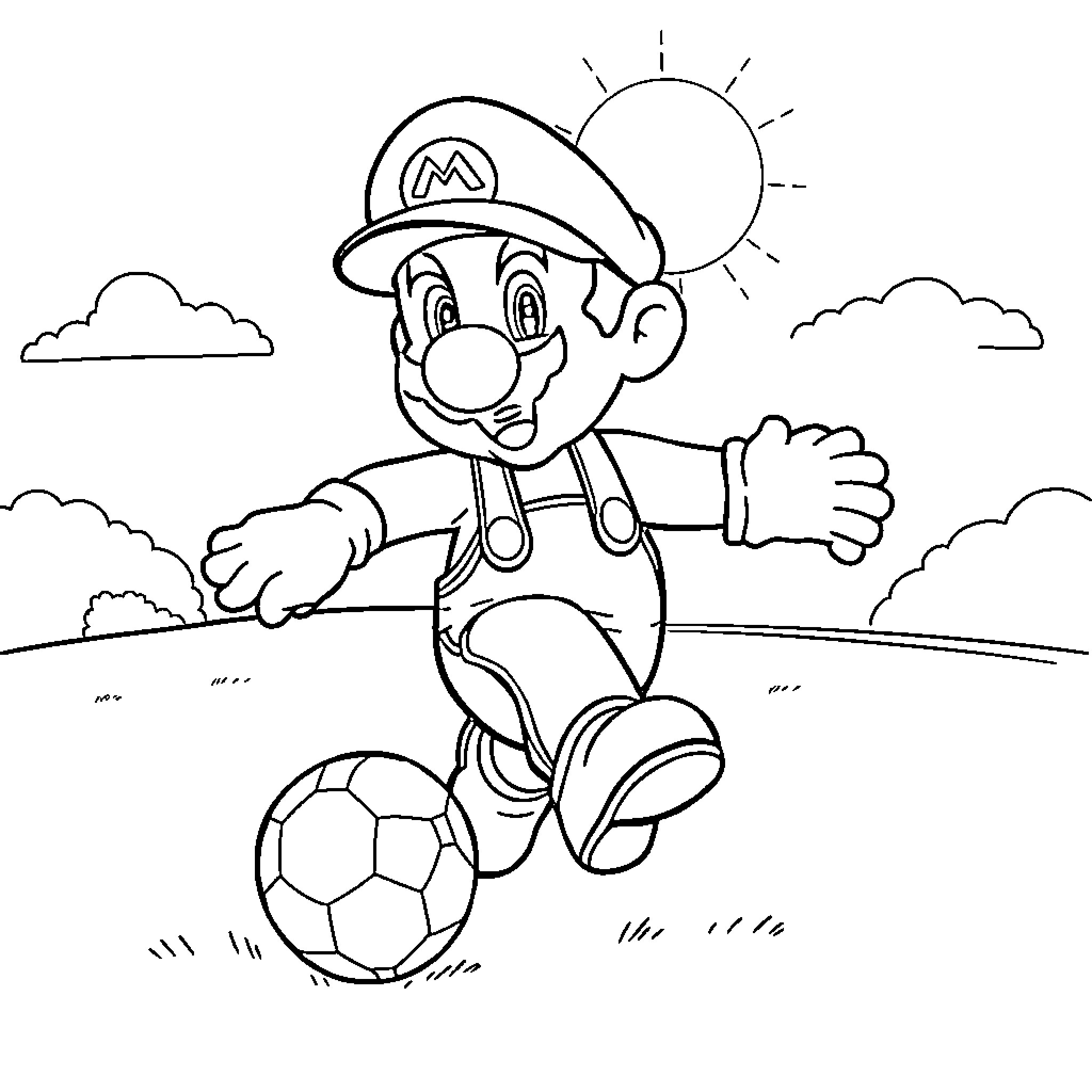 Mario Playing with Soccer Ball in Outdoors Coloring Page (free black-and-white line drawing printable PDF for all, from beginners to advanced learners, including children, teens, adults, and seniors)