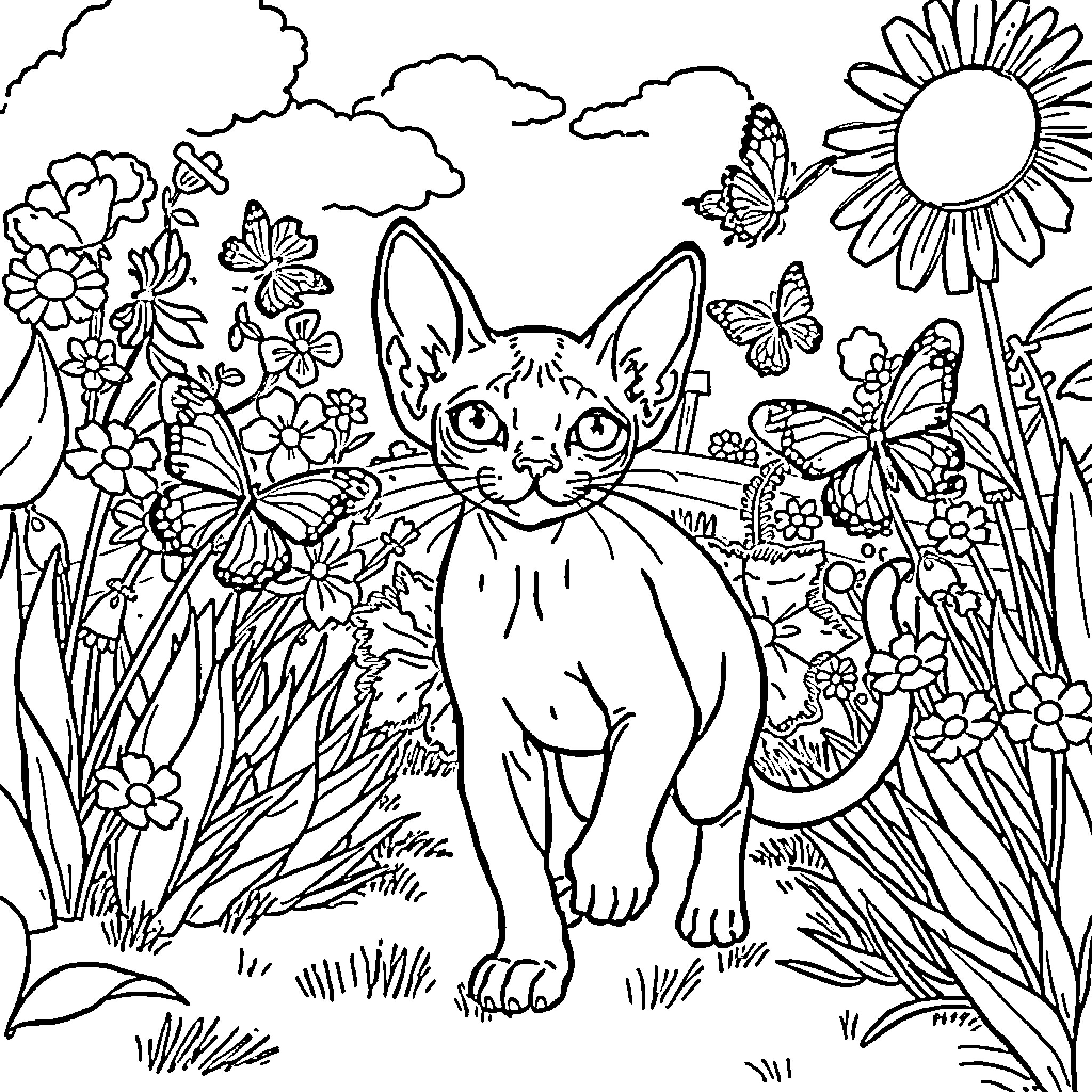 Sphynx Cat in Flower Garden Coloring Page (free black-and-white line drawing printable PDF for all, from beginners to advanced learners, including children, teens, adults, and seniors)