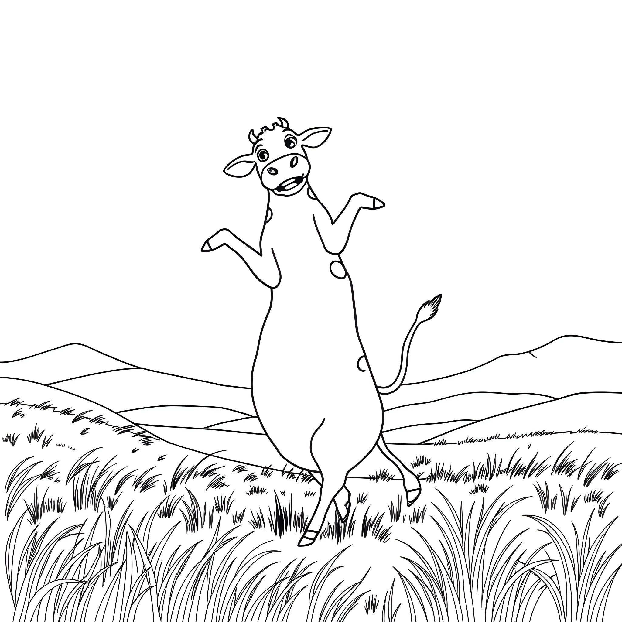 Cow jumping playfully in the countryside Coloring Page (free black-and-white line drawing printable PDF for all, from beginners to advanced learners, including children, teens, adults, and seniors)