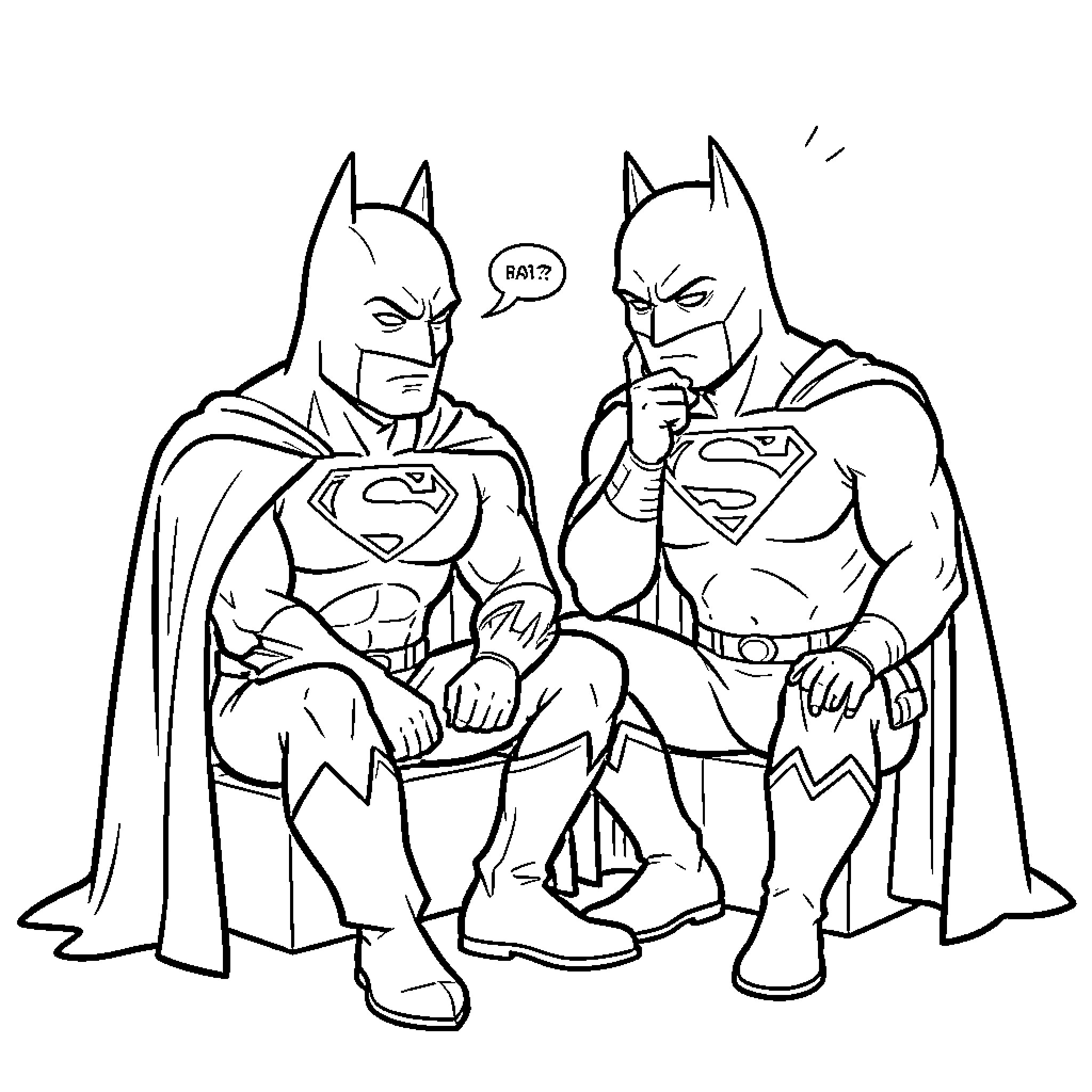Batman and Superman discussing a plan Coloring Page (free black-and-white line drawing printable PDF for all, from beginners to advanced learners, including children, teens, adults, and seniors)