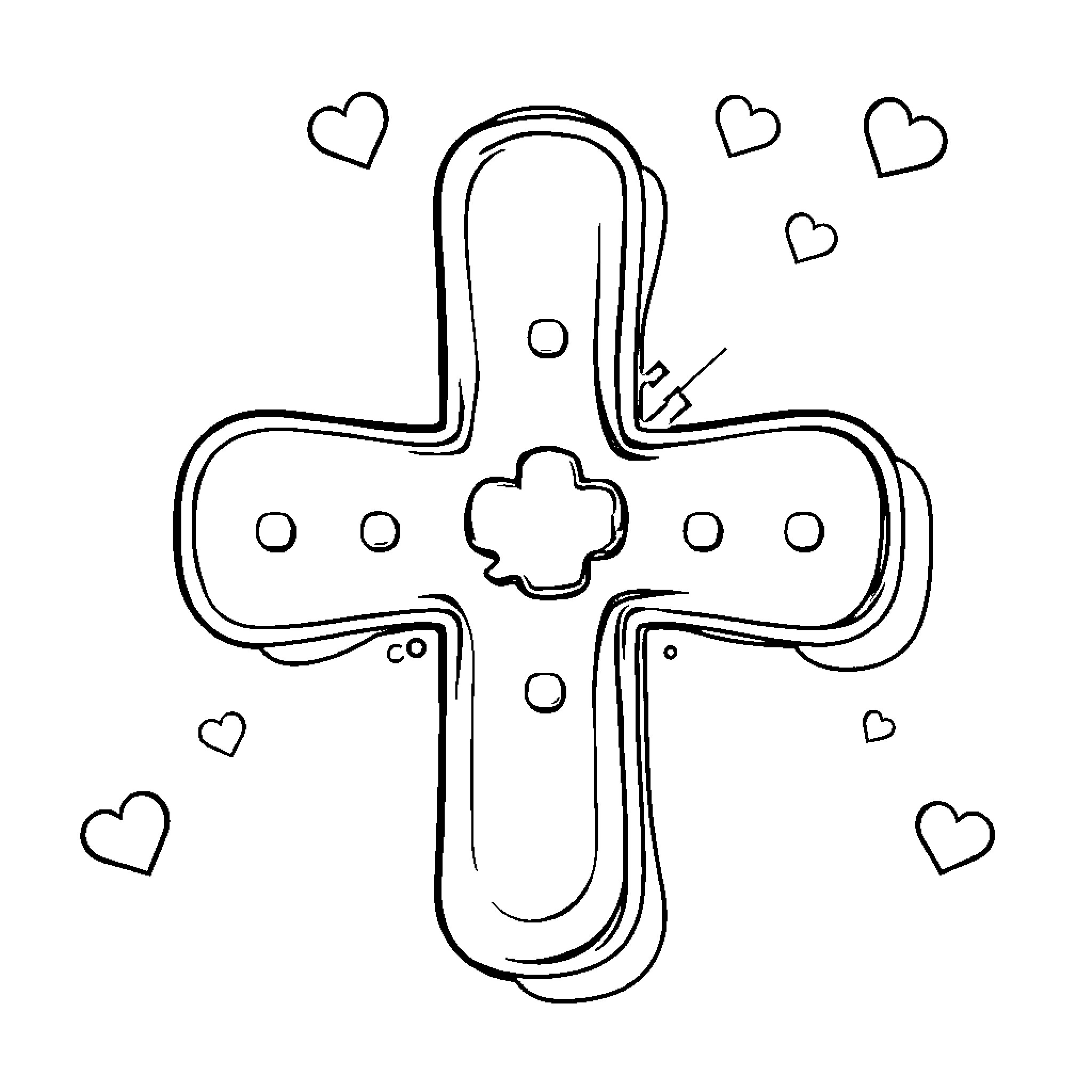 Band-aid cross with hearts Coloring Page (free black-and-white line drawing printable PDF for all, from beginners to advanced learners, including children, teens, adults, and seniors)