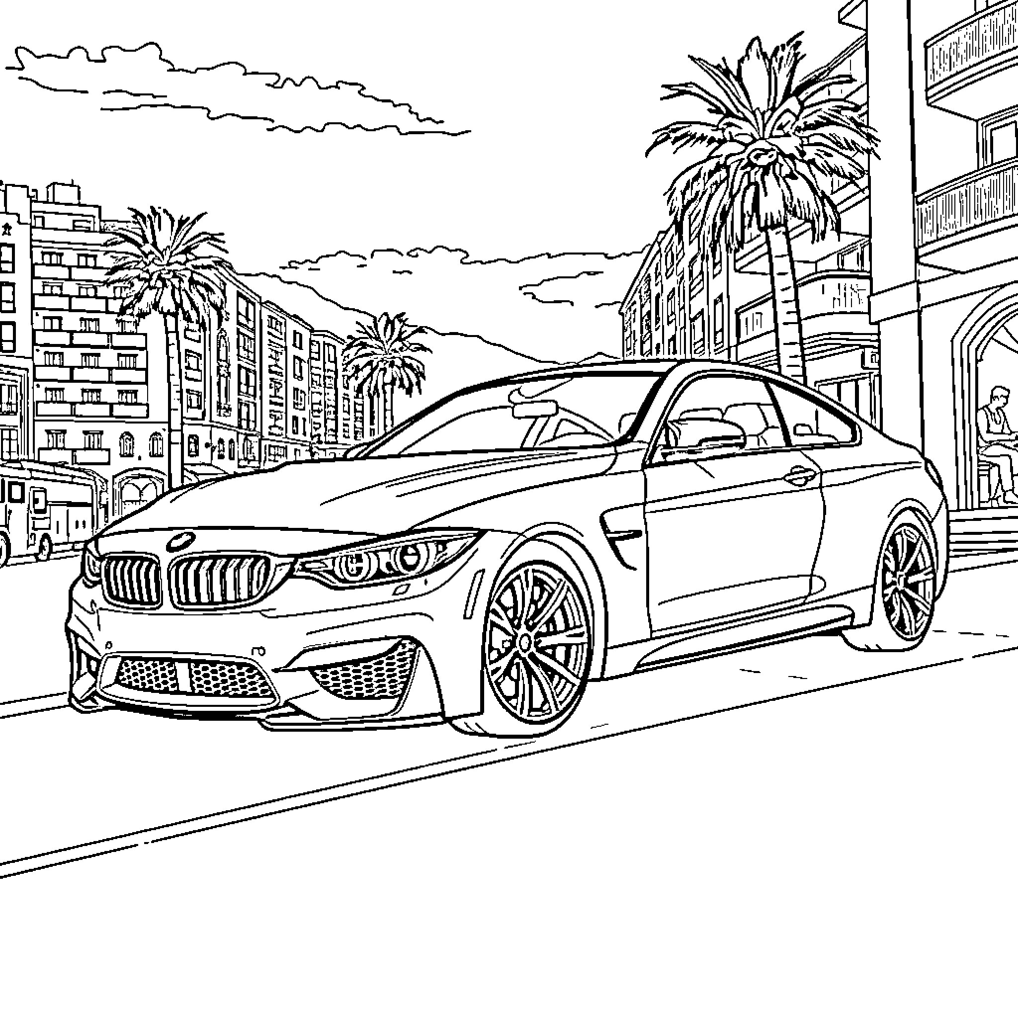 BMW Sports Car Parked in Tropical City Landscape Coloring Page (free black-and-white line drawing printable PDF for all, from beginners to advanced learners, including children, teens, adults, and seniors)