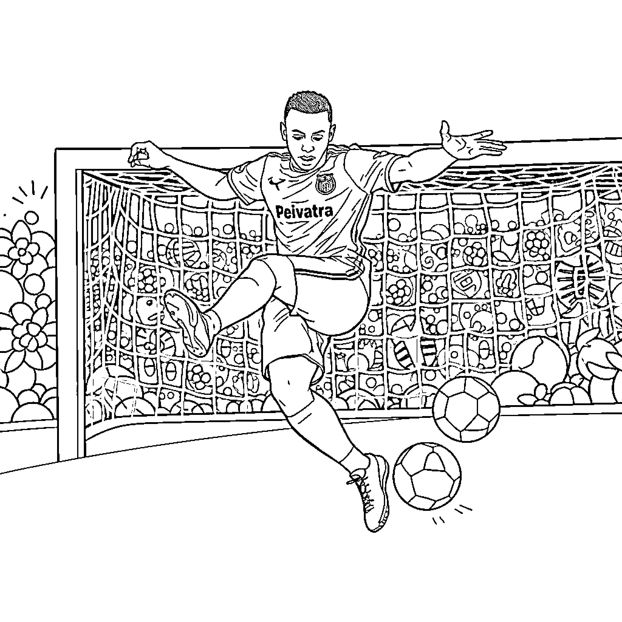 Mbappe's Dynamic Soccer Pose Coloring Page (free black-and-white line drawing printable PDF for all, from beginners to advanced learners, including children, teens, adults, and seniors)
