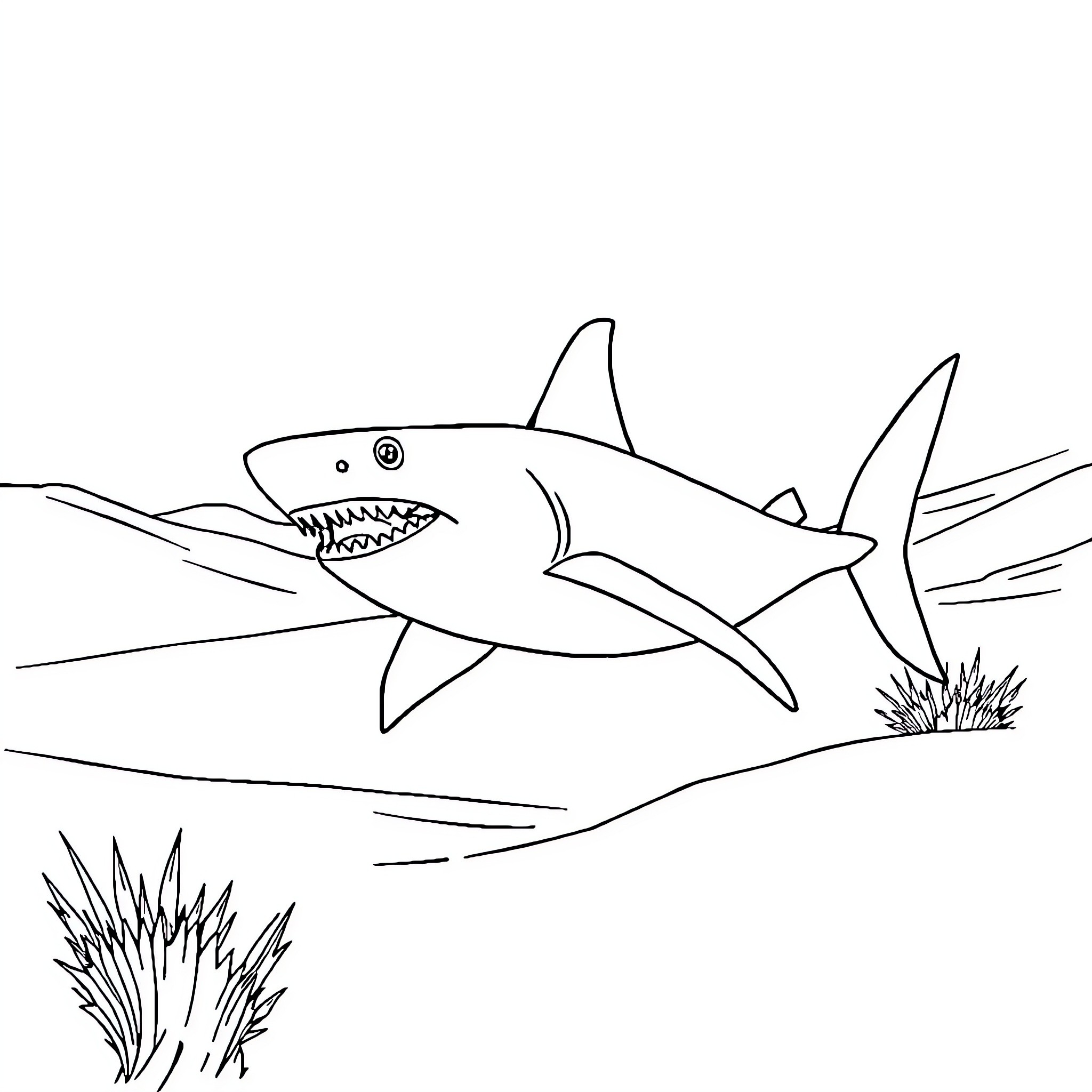 Shark hunting in the ocean Coloring Page (free black-and-white line drawing printable PDF for all, from beginners to advanced learners, including children, teens, adults, and seniors)