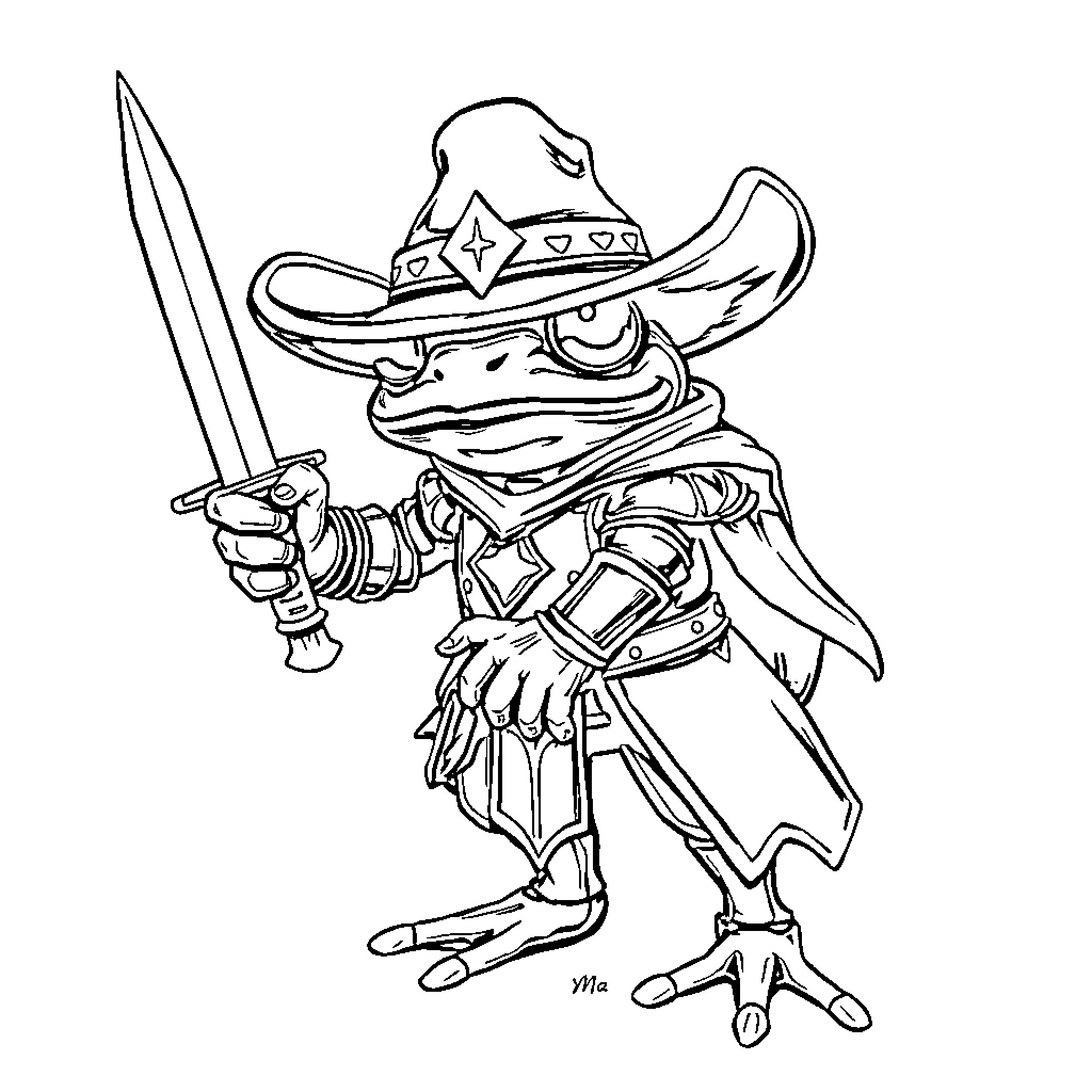 Tree Frog Cowboy Brandishing Sword Coloring Page (free black-and-white line drawing printable PDF for all, from beginners to advanced learners, including children, teens, adults, and seniors)