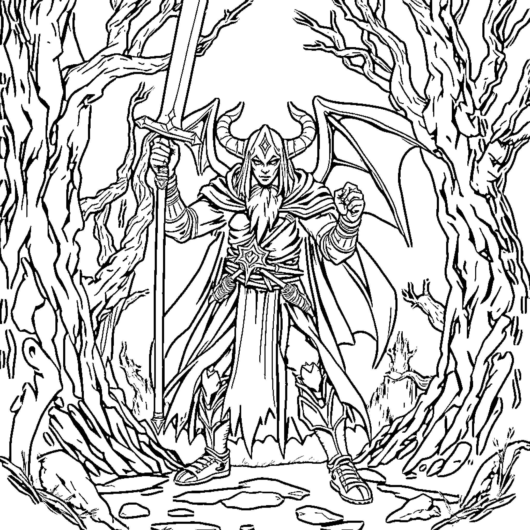 Demonslayer wielding a powerful staff in a dark forest Coloring Page (free black-and-white line drawing printable PDF for all, from beginners to advanced learners, including children, teens, adults, and seniors)