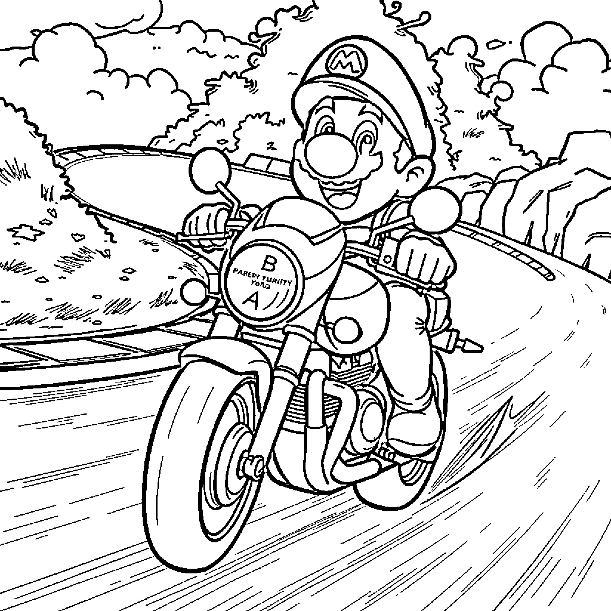 Mario racing through the countryside on his motorcycle Coloring Page (free black-and-white line drawing printable PDF for all, from beginners to advanced learners, including children, teens, adults, and seniors)