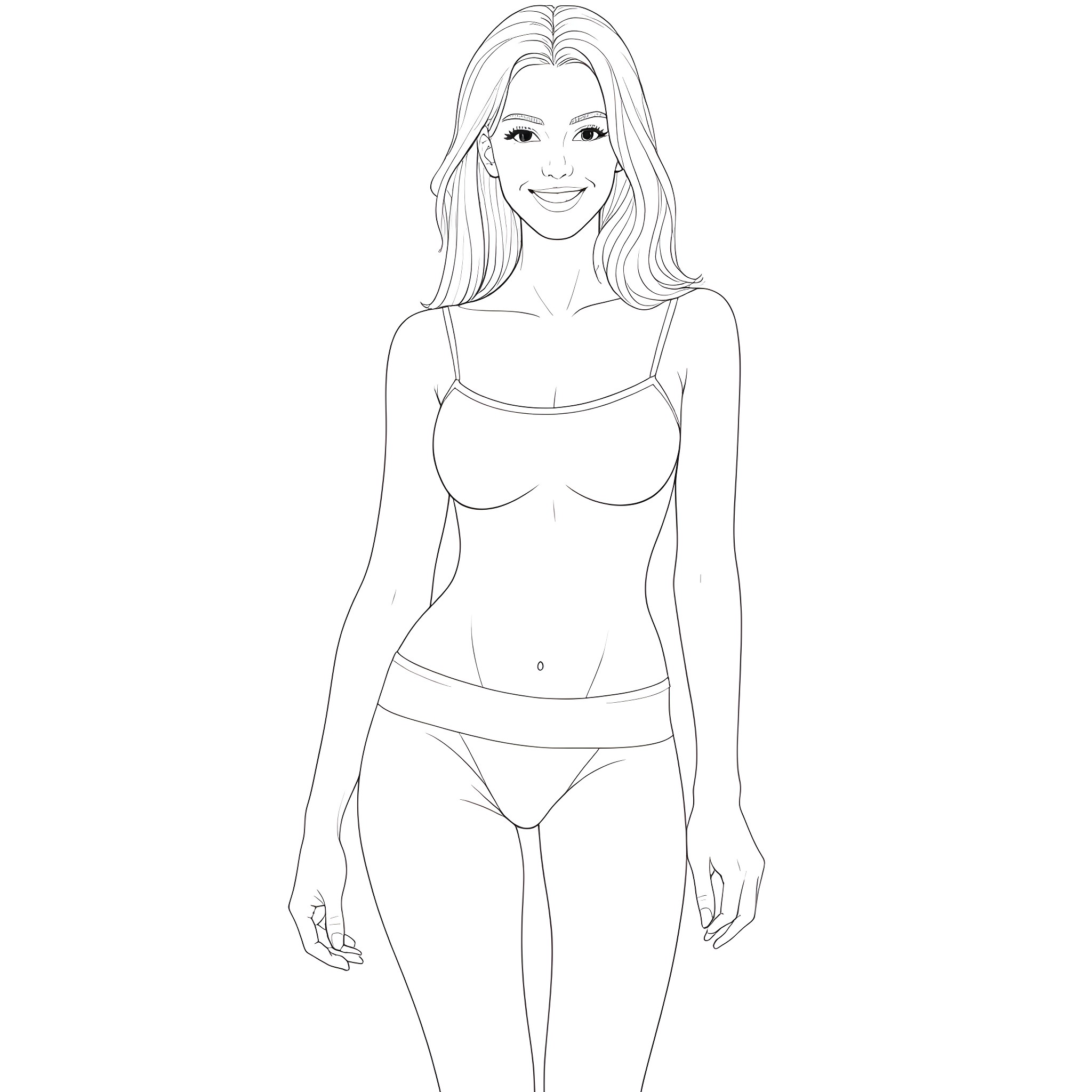 Woman posing in swimwear with a smile Coloring Page (free black-and-white line drawing printable PDF for all, from beginners to advanced learners, including children, teens, adults, and seniors)