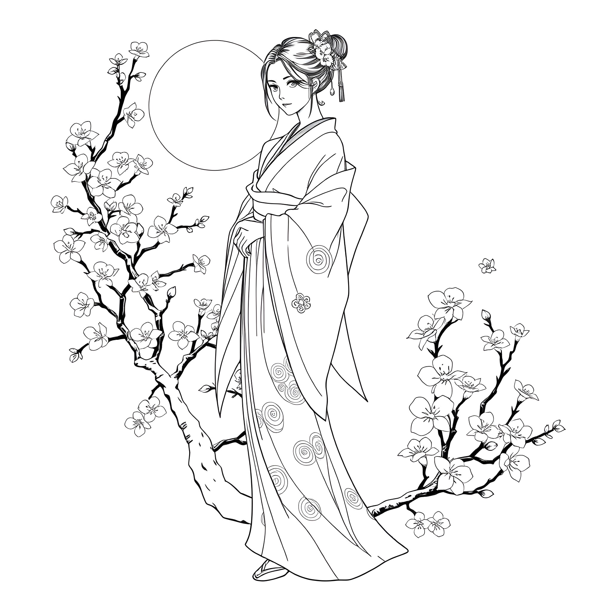 Girl in traditional Japanese kimono near cherry blossoms Coloring Page (free black-and-white line drawing printable PDF for all, from beginners to advanced learners, including children, teens, adults, and seniors)