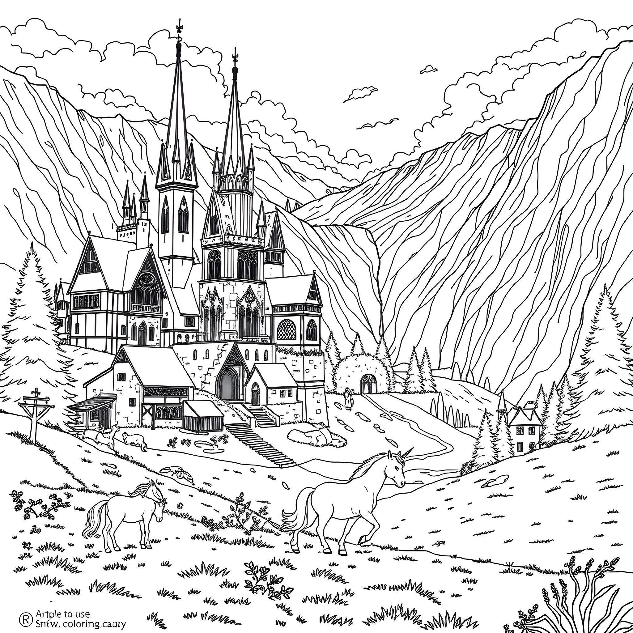 Unicorn enchanted castle in the mountains Coloring Page (free black-and-white line drawing printable PDF for all, from beginners to advanced learners, including children, teens, adults, and seniors)