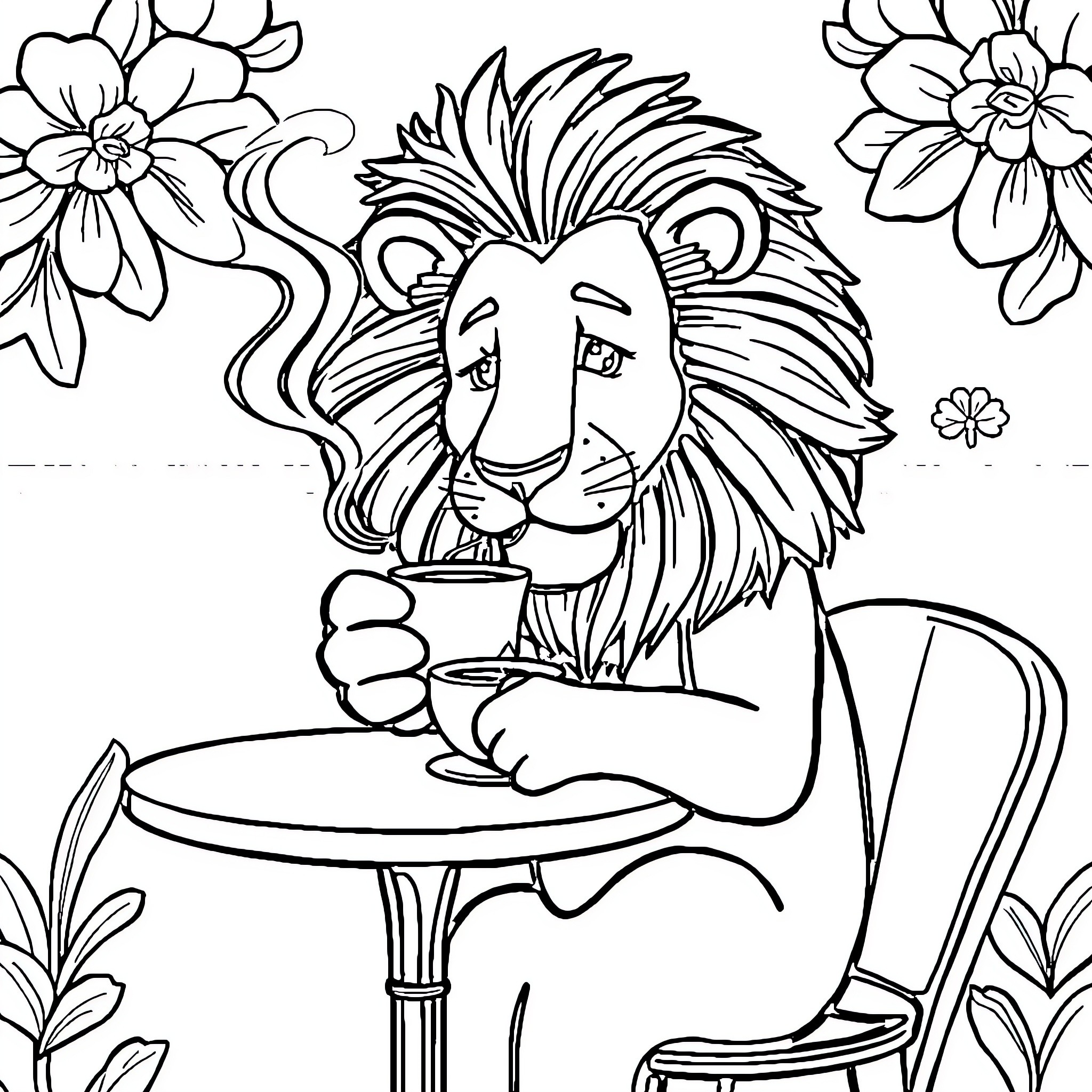 Lion enjoying a cup of tea in a floral setting Coloring Page (free black-and-white line drawing printable PDF for all, from beginners to advanced learners, including children, teens, adults, and seniors)
