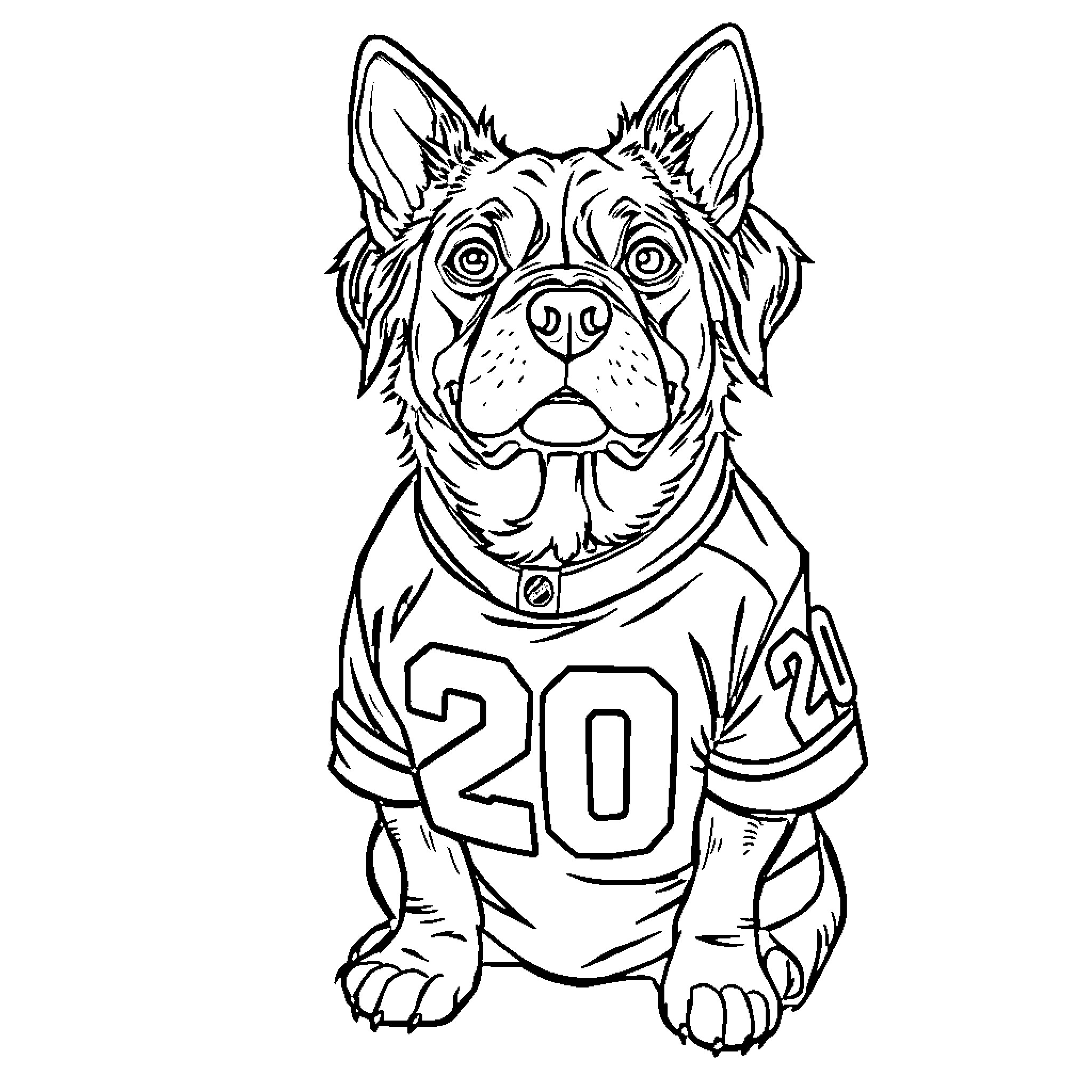 Dog wearing sports jersey and posing Coloring Page (free black-and-white line drawing printable PDF for all, from beginners to advanced learners, including children, teens, adults, and seniors)
