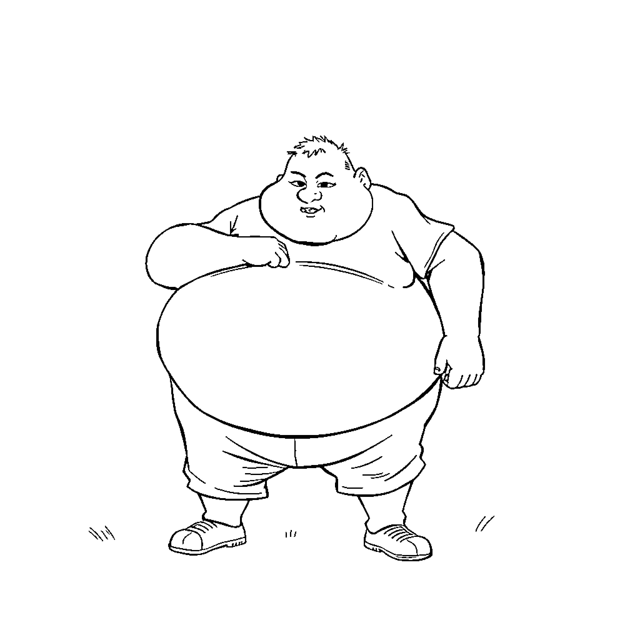 Man with large belly standing contentedly Coloring Page (free black-and-white line drawing printable PDF for all, from beginners to advanced learners, including children, teens, adults, and seniors)