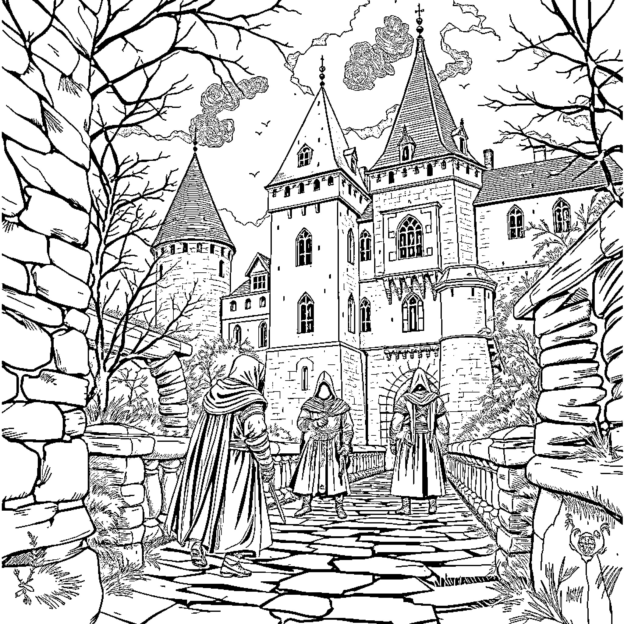Assassin's Entrance to the Dark Castle Coloring Page (free black-and-white line drawing printable PDF for all, from beginners to advanced learners, including children, teens, adults, and seniors)