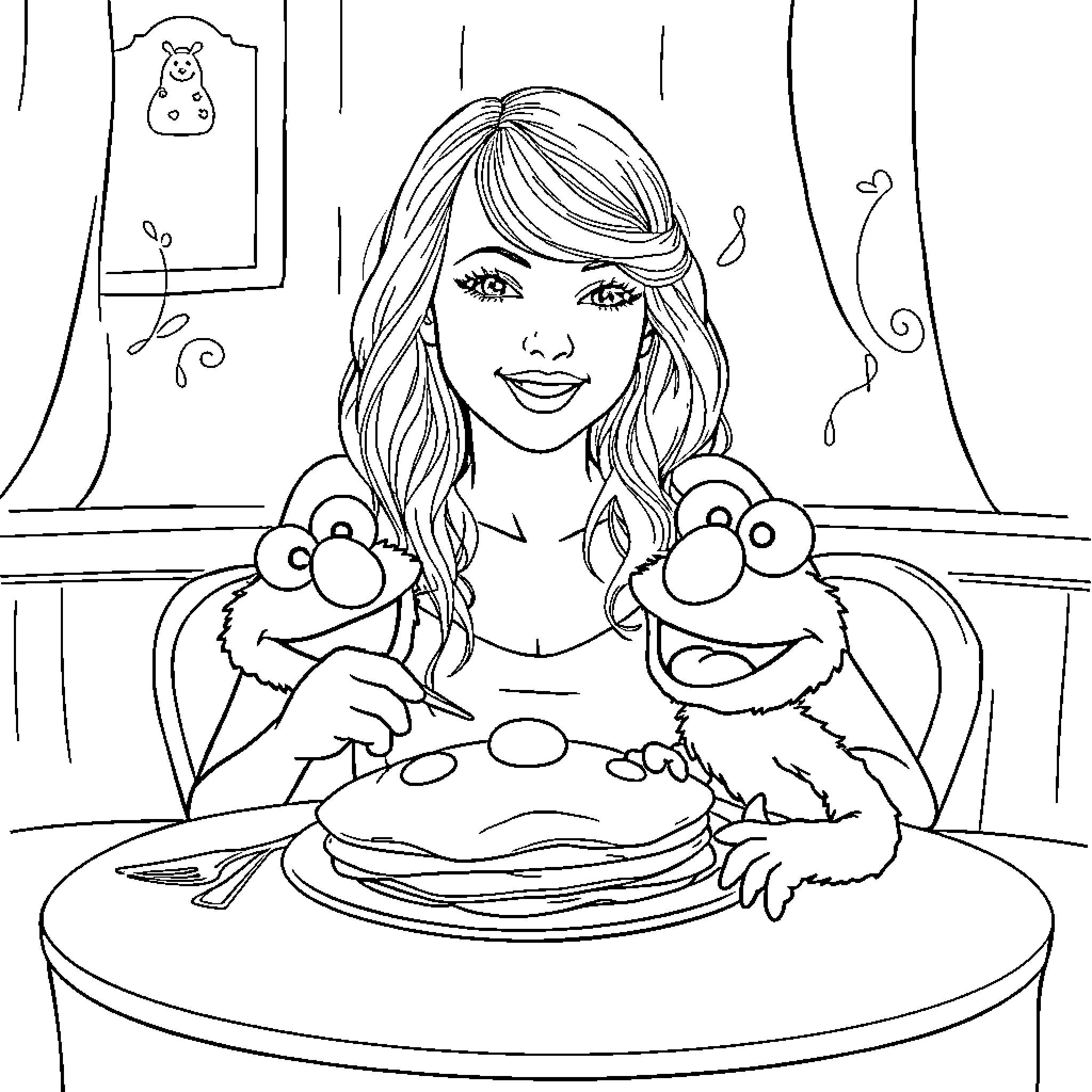 Taylor Swift sharing a meal with friendly puppets Coloring Page (free black-and-white line drawing printable PDF for all, from beginners to advanced learners, including children, teens, adults, and seniors)