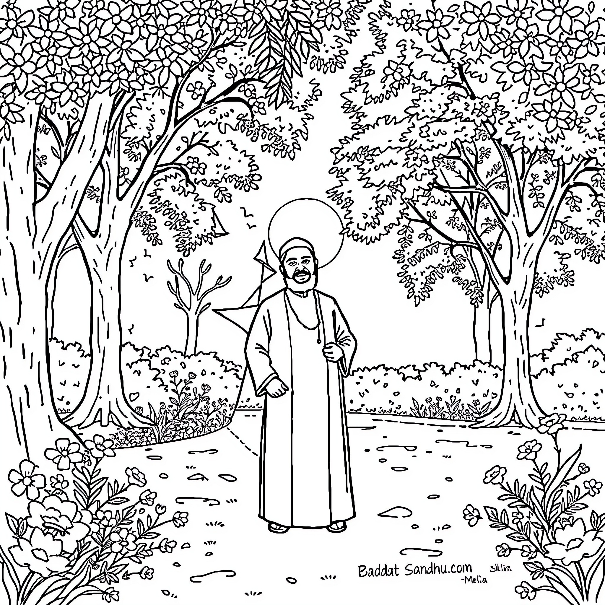 Ibadat Sandhu in a serene natural setting Coloring Page (free black-and-white line drawing printable PDF for all, from beginners to advanced learners, including children, teens, adults, and seniors)