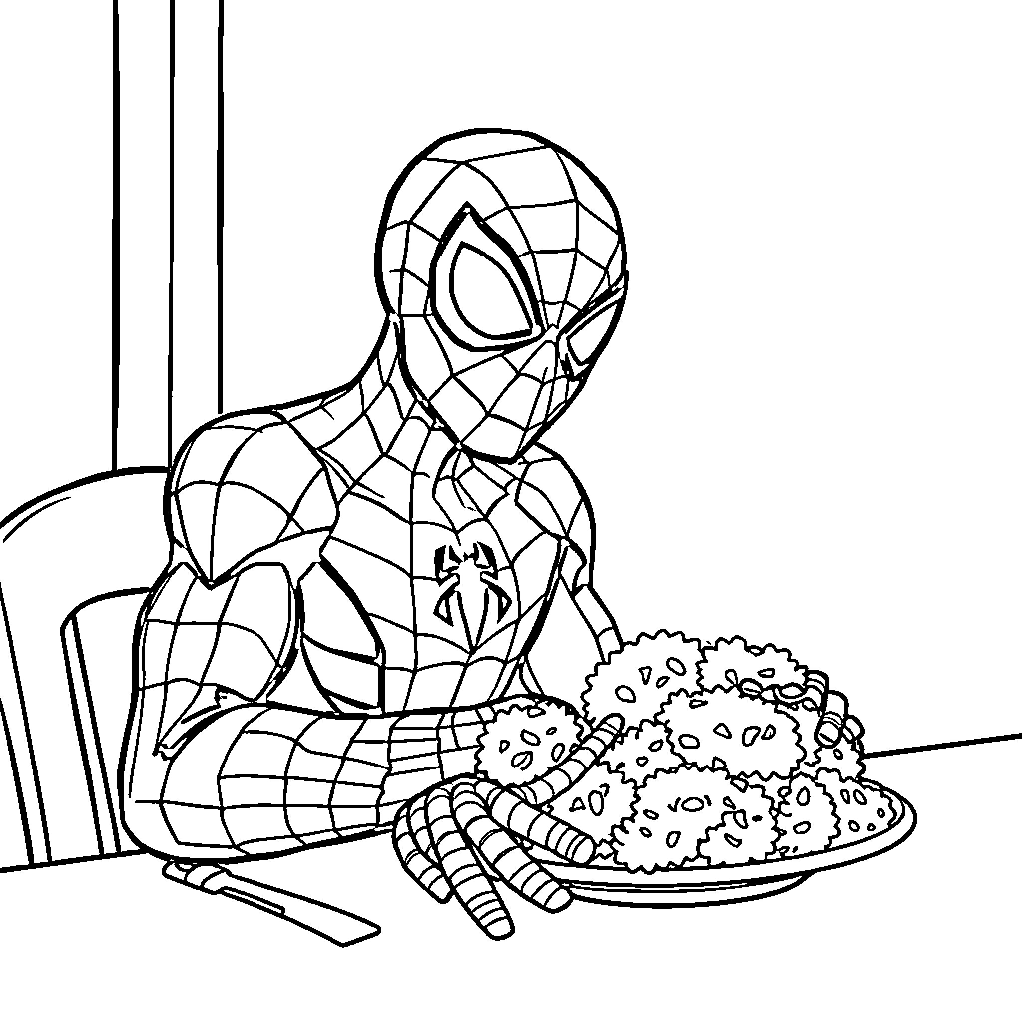 Spiderman enjoying a plate of food Coloring Page (free black-and-white line drawing printable PDF for all, from beginners to advanced learners, including children, teens, adults, and seniors)