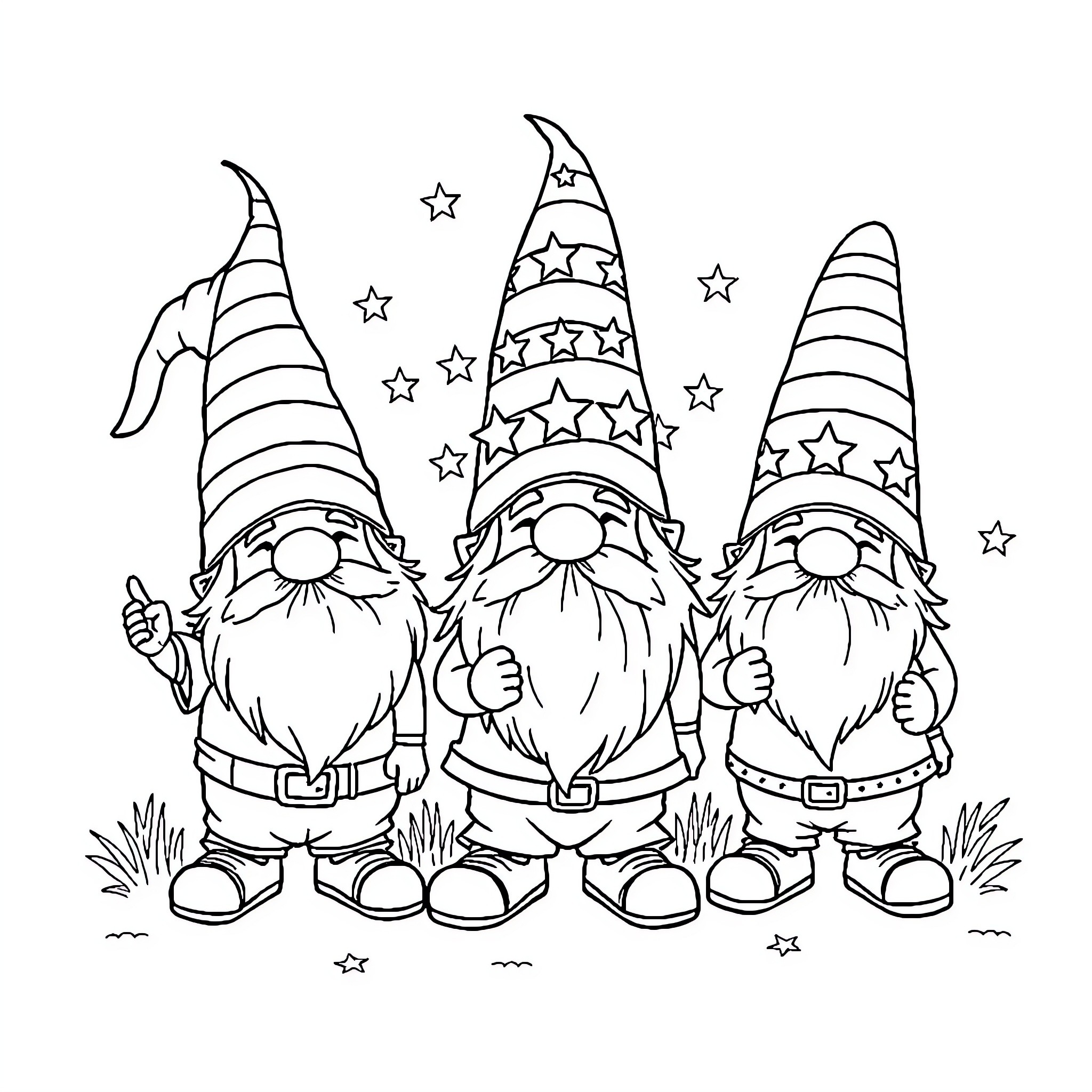 Gnome trio celebrating under the starry night Coloring Page (free black-and-white line drawing printable PDF for all, from beginners to advanced learners, including children, teens, adults, and seniors)