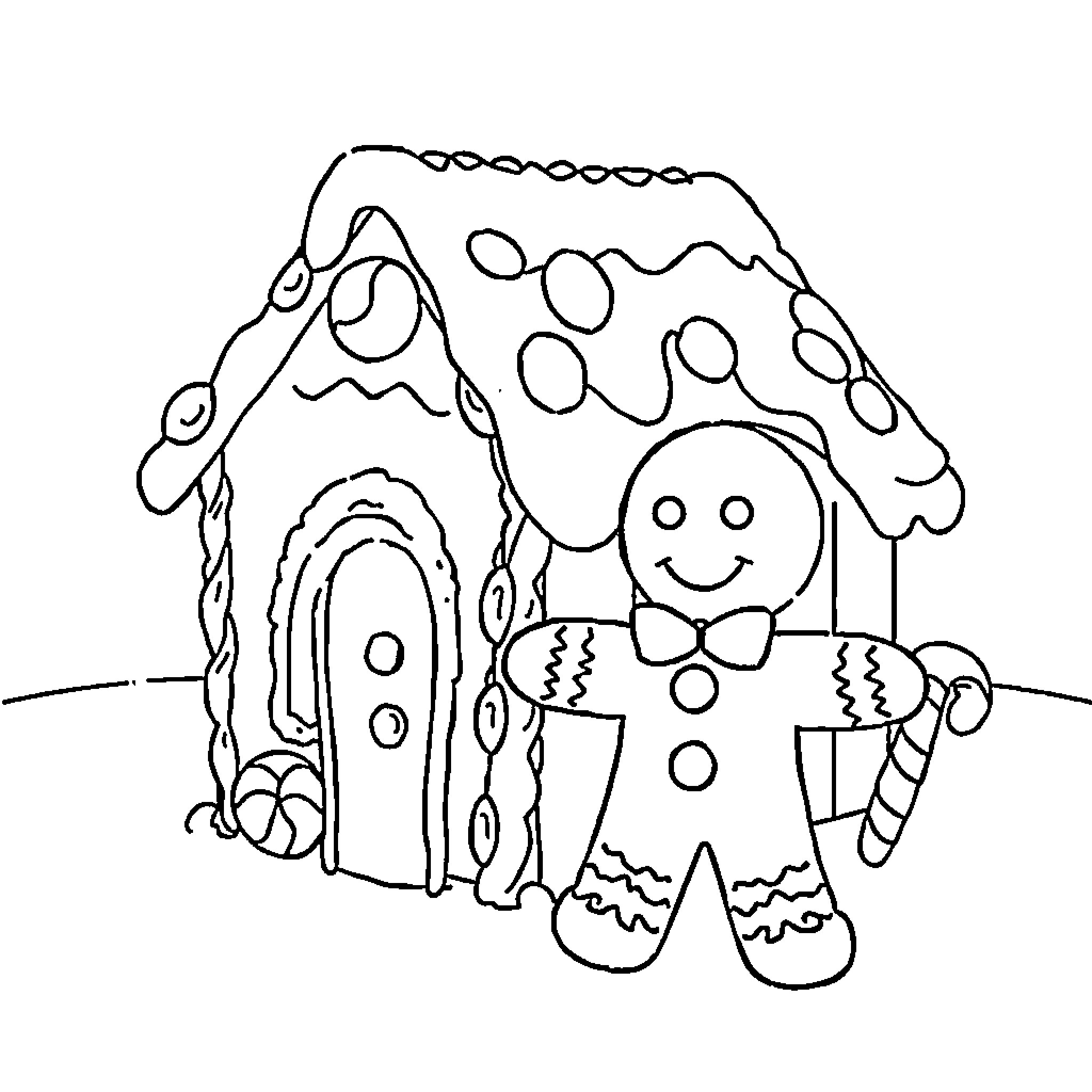 Gingerbread Man and Gingerbread House in Snowy Landscape Coloring Page (free black-and-white line drawing printable PDF for all, from beginners to advanced learners, including children, teens, adults, and seniors)