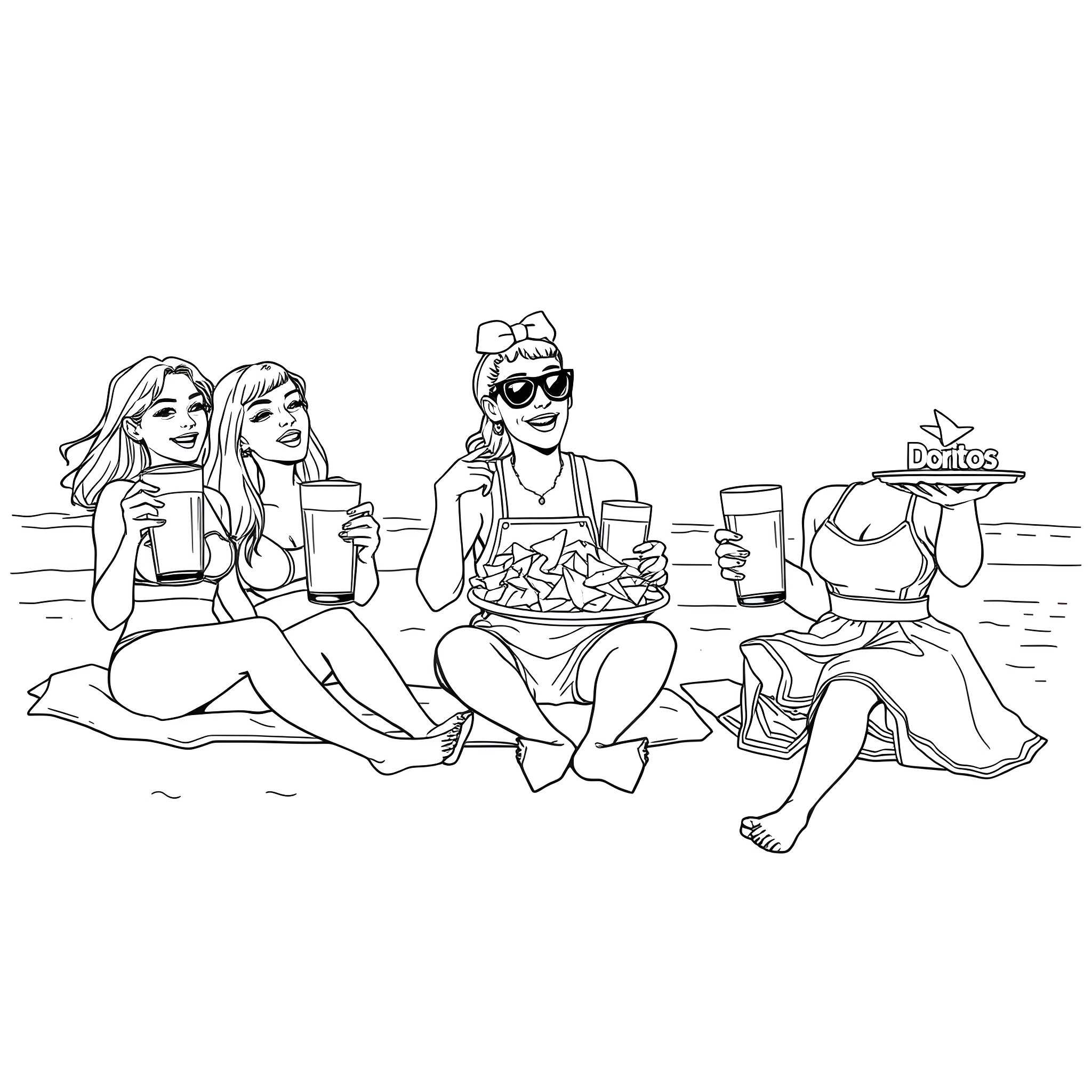 Girls enjoying snacks and drinks on the beach Coloring Page (free black-and-white line drawing printable PDF for all, from beginners to advanced learners, including children, teens, adults, and seniors)