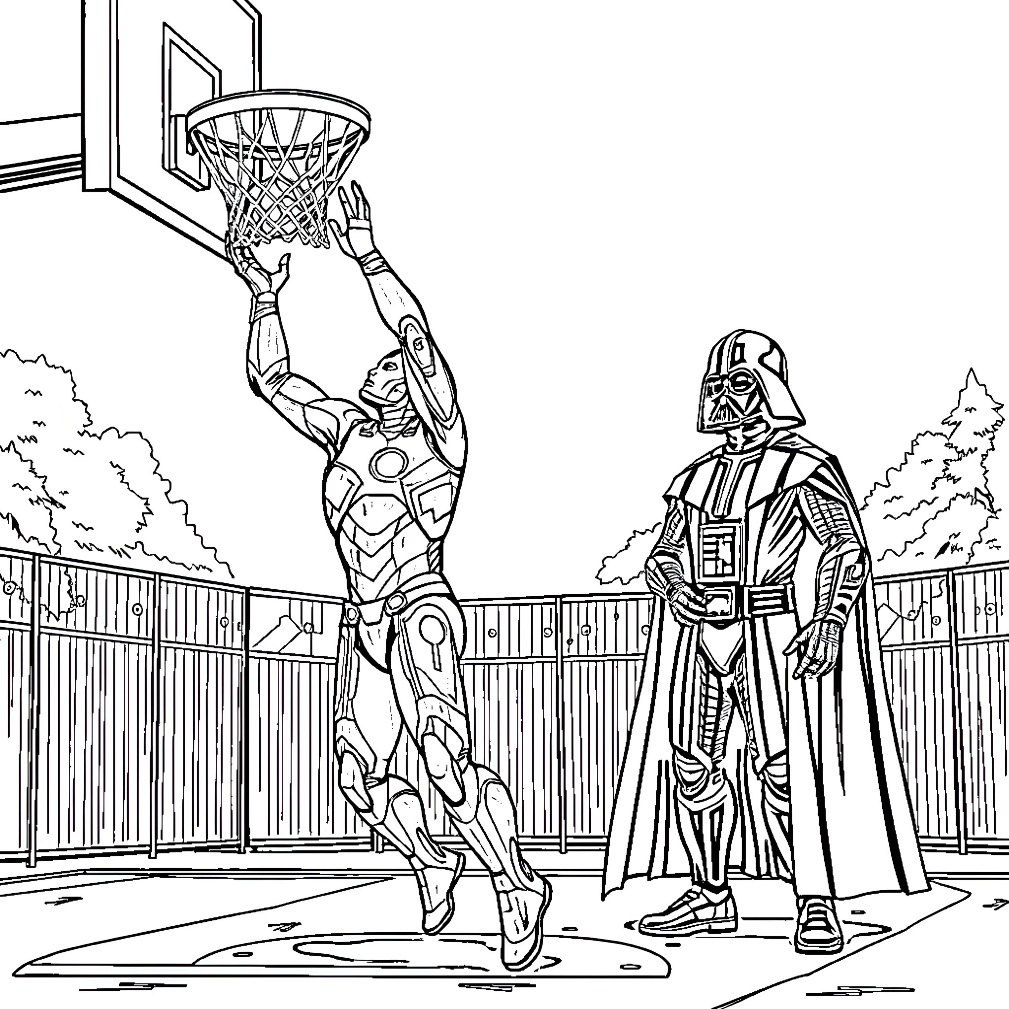Iron Man Dunking Basketball Against Darth Vader Coloring Page (free black-and-white line drawing printable PDF for all, from beginners to advanced learners, including children, teens, adults, and seniors)