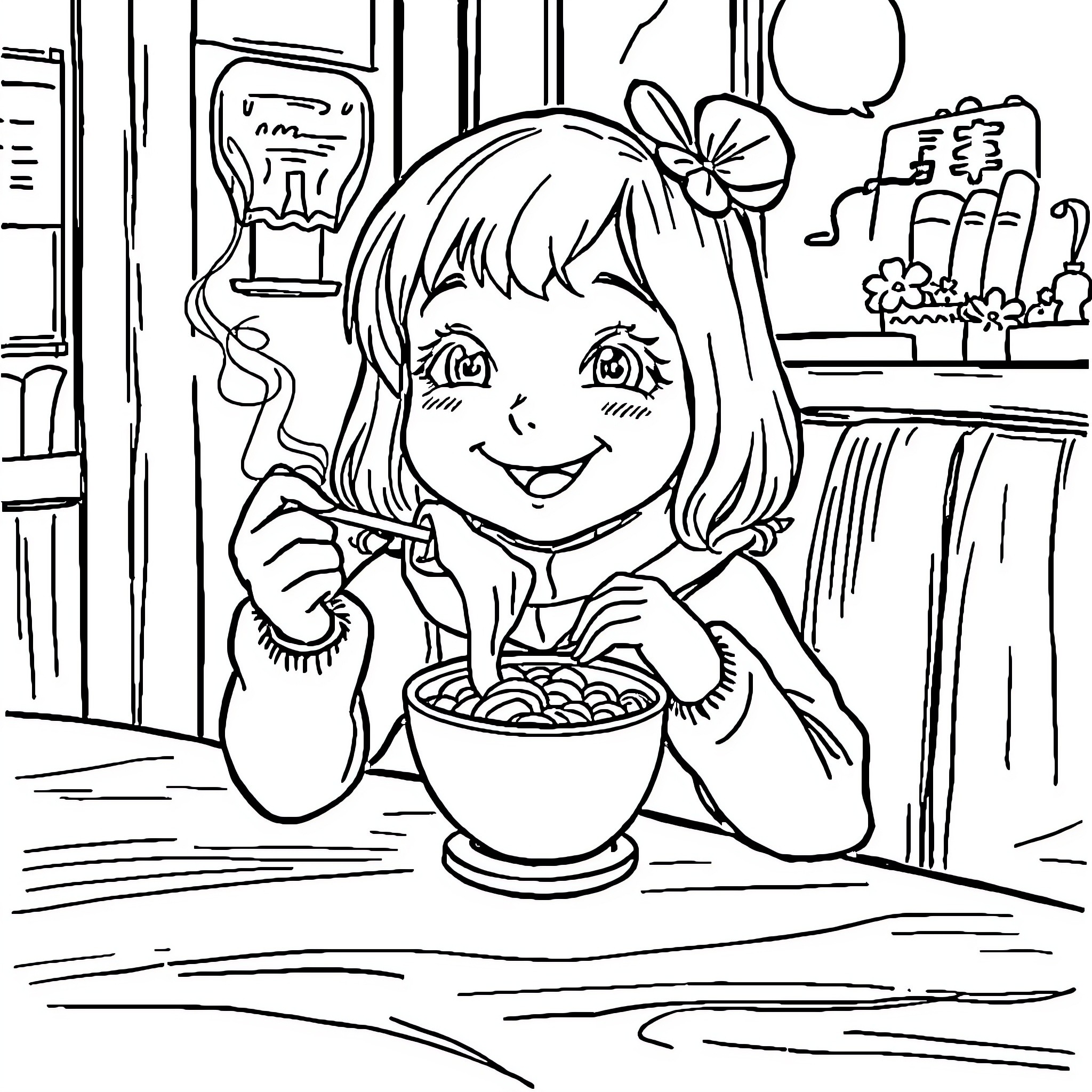 Fille enjoying a tasty meal in her cozy kitchen Coloring Page (free black-and-white line drawing printable PDF for all, from beginners to advanced learners, including children, teens, adults, and seniors)