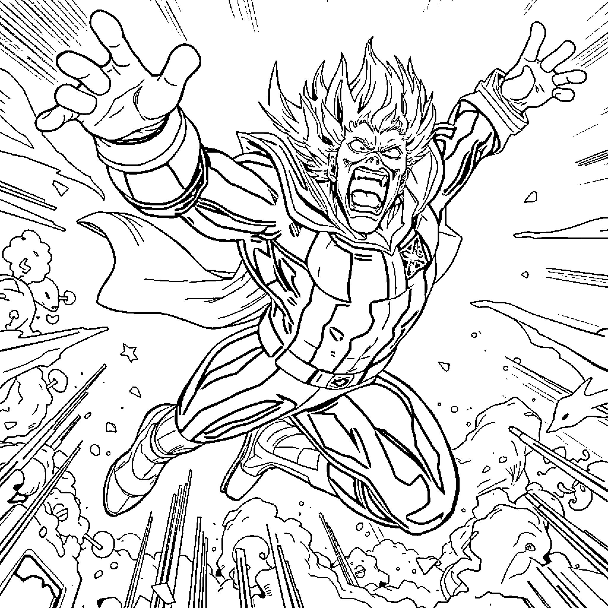 All Might Unleashing Powerful Attack in Intense Battle Coloring Page (free black-and-white line drawing printable PDF for all, from beginners to advanced learners, including children, teens, adults, and seniors)