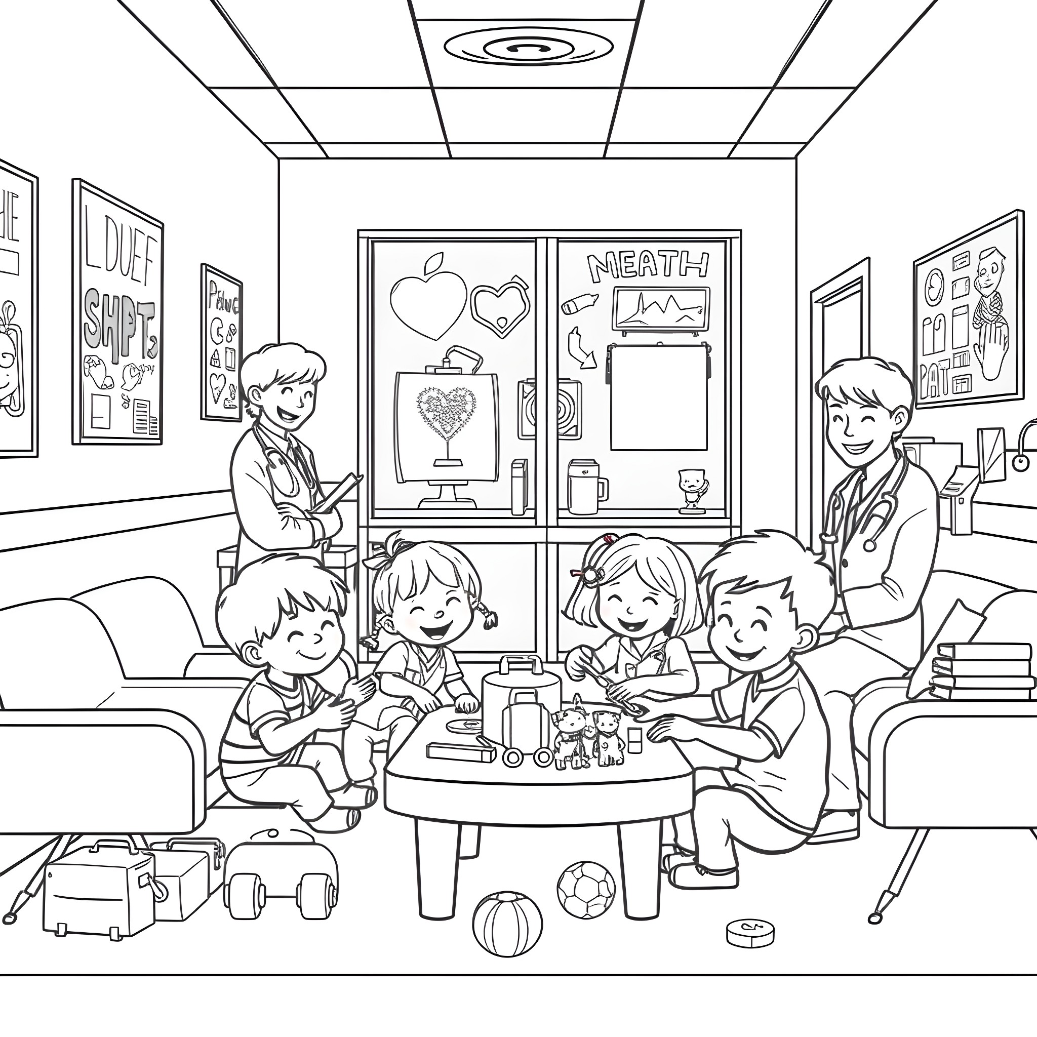 Kids Playing and Learning in a Classroom Coloring Page (free black-and-white line drawing printable PDF for all, from beginners to advanced learners, including children, teens, adults, and seniors)