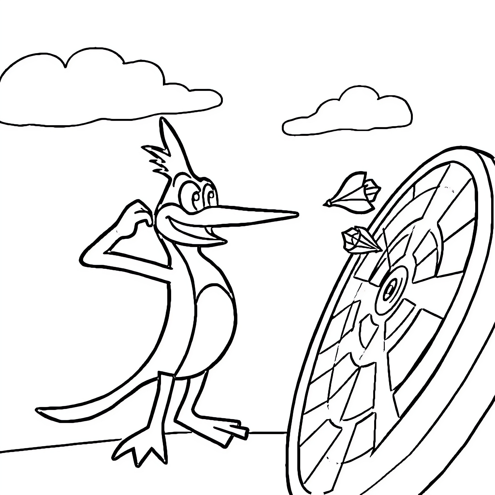 Perry the Cartoon Bird and Colorful Shapes Coloring Page (free black-and-white line drawing printable PDF for all, from beginners to advanced learners, including children, teens, adults, and seniors)