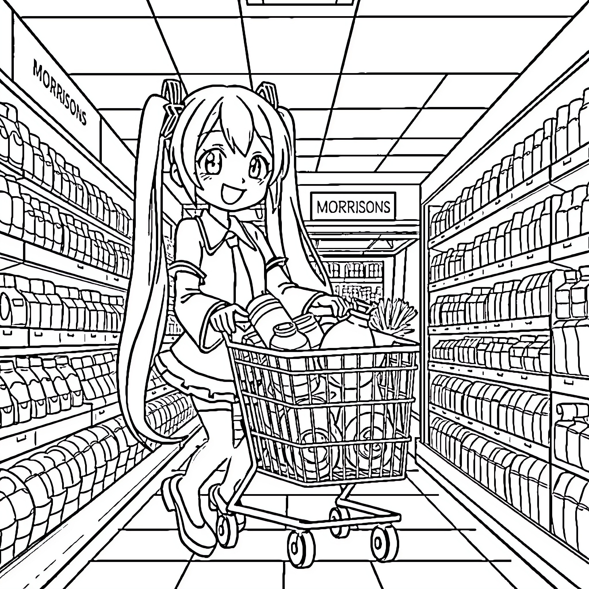 Hatsune Miku cheerfully shopping in a grocery store Coloring Page (free black-and-white line drawing printable PDF for all, from beginners to advanced learners, including children, teens, adults, and seniors)