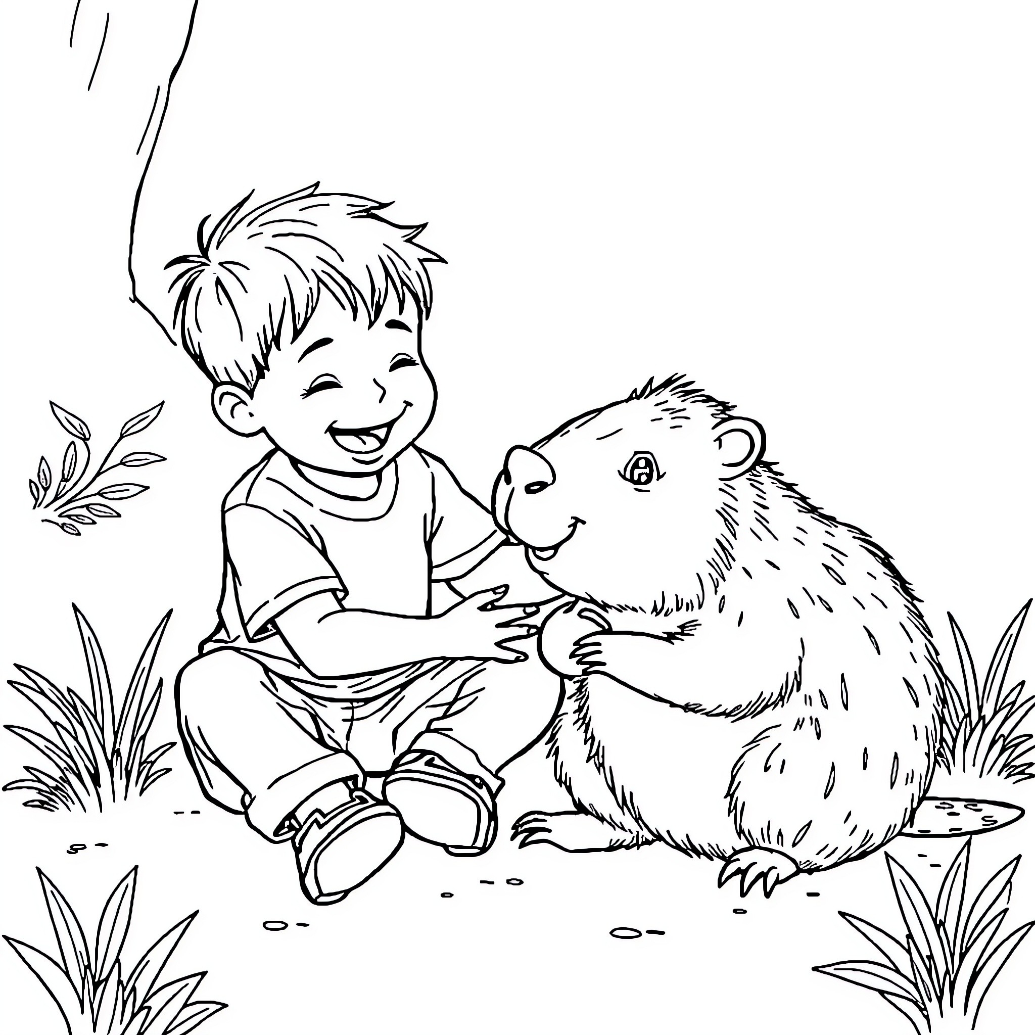 Capybara and child playing together happily Coloring Page (free black-and-white line drawing printable PDF for all, from beginners to advanced learners, including children, teens, adults, and seniors)